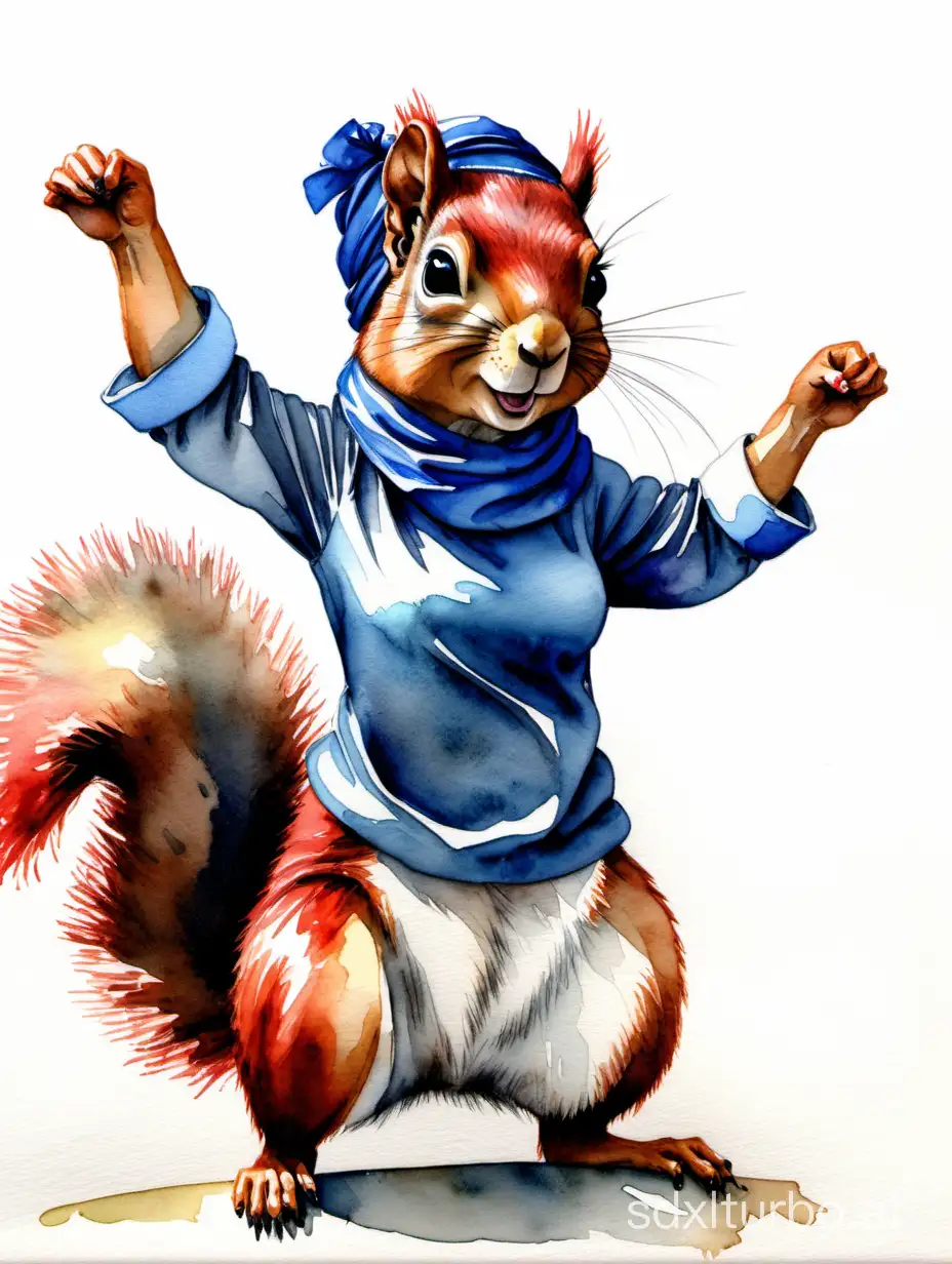 Empowering-Watercolor-Art-RedHeadscarf-Squirrel-in-Blue-Dress