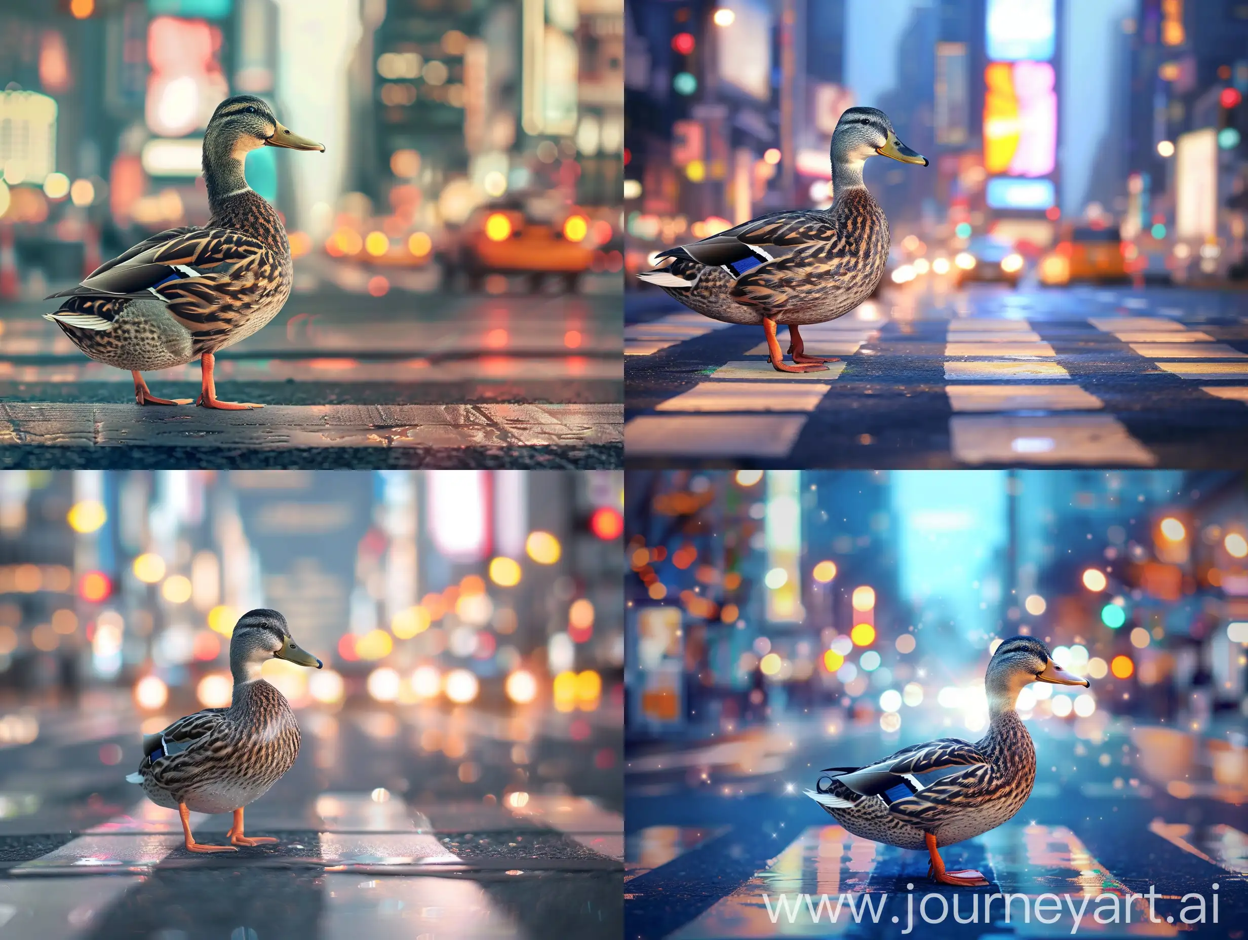 Curious-Duck-Observing-Bright-City-Lights-at-Zebra-Crossing