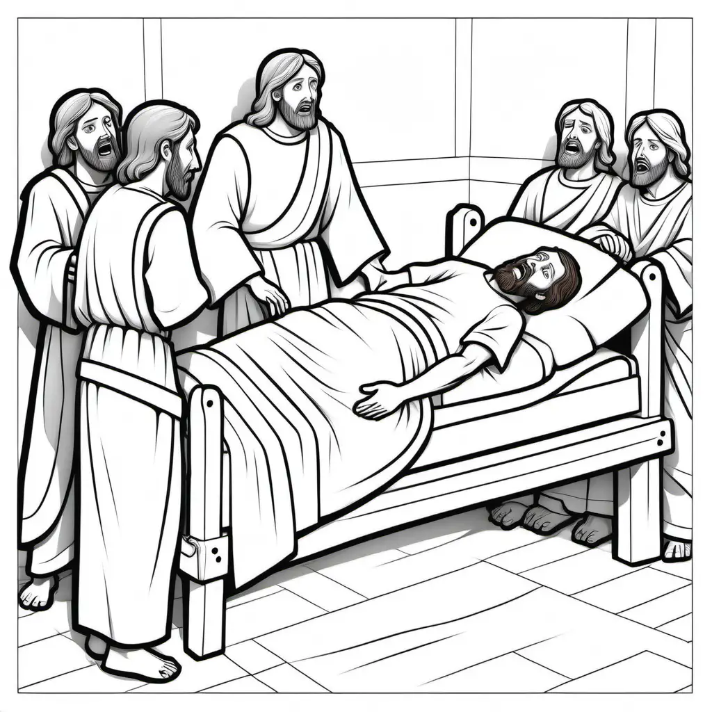 colouring page for kid “Then behold, they brought to Him a paralytic lying on a bed. When Jesus saw their faith, He said to the paralytic, "Son, be of good cheer; your sins are forgiven you."”
  — Mat 9:2 (NKJV)

cartoon style , thick lines , low detail , no shading --r 911