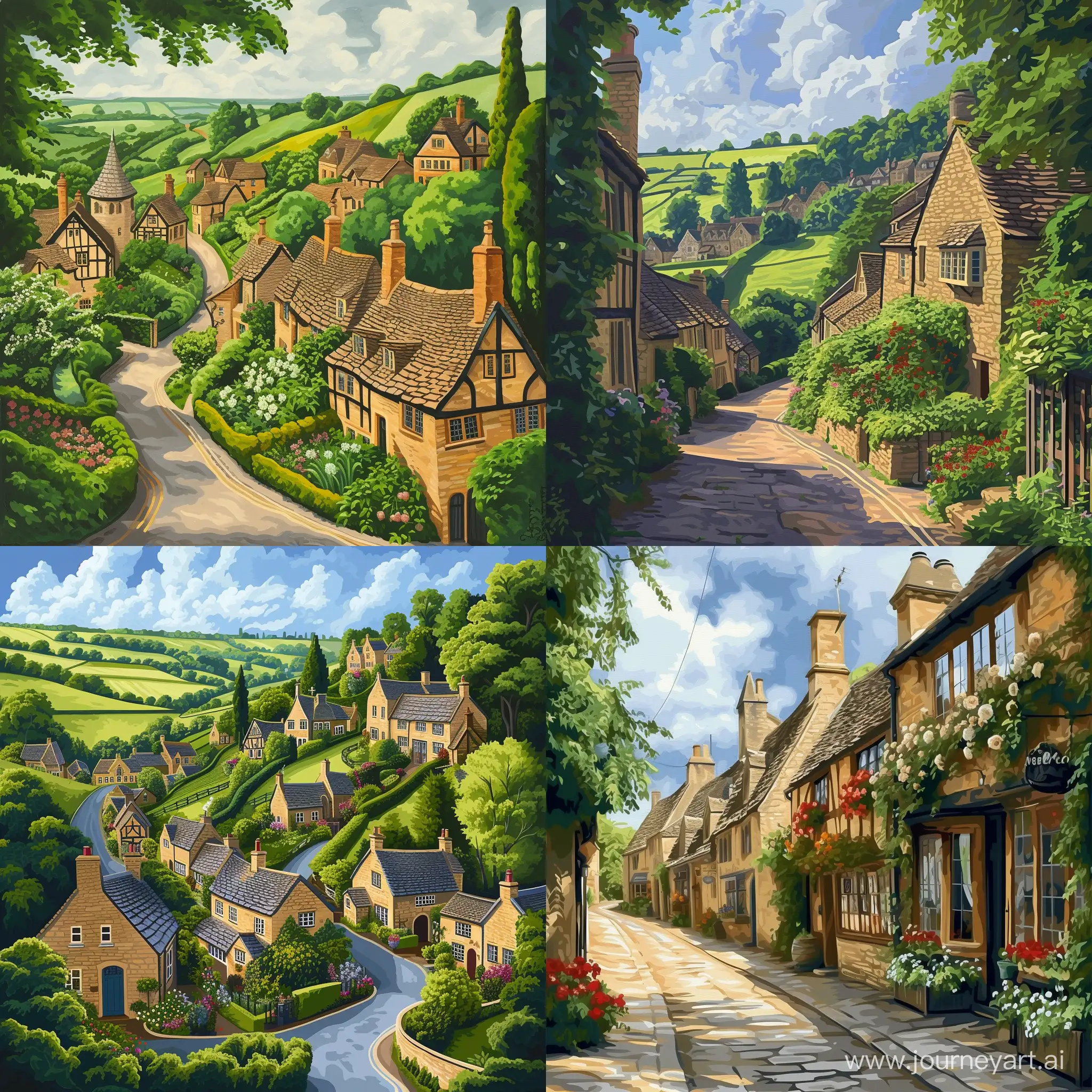 fine art masterpiece. Original work. Painting of Cotswold villages, Gloucestershire and Oxfordshire. in vector style, high quality details