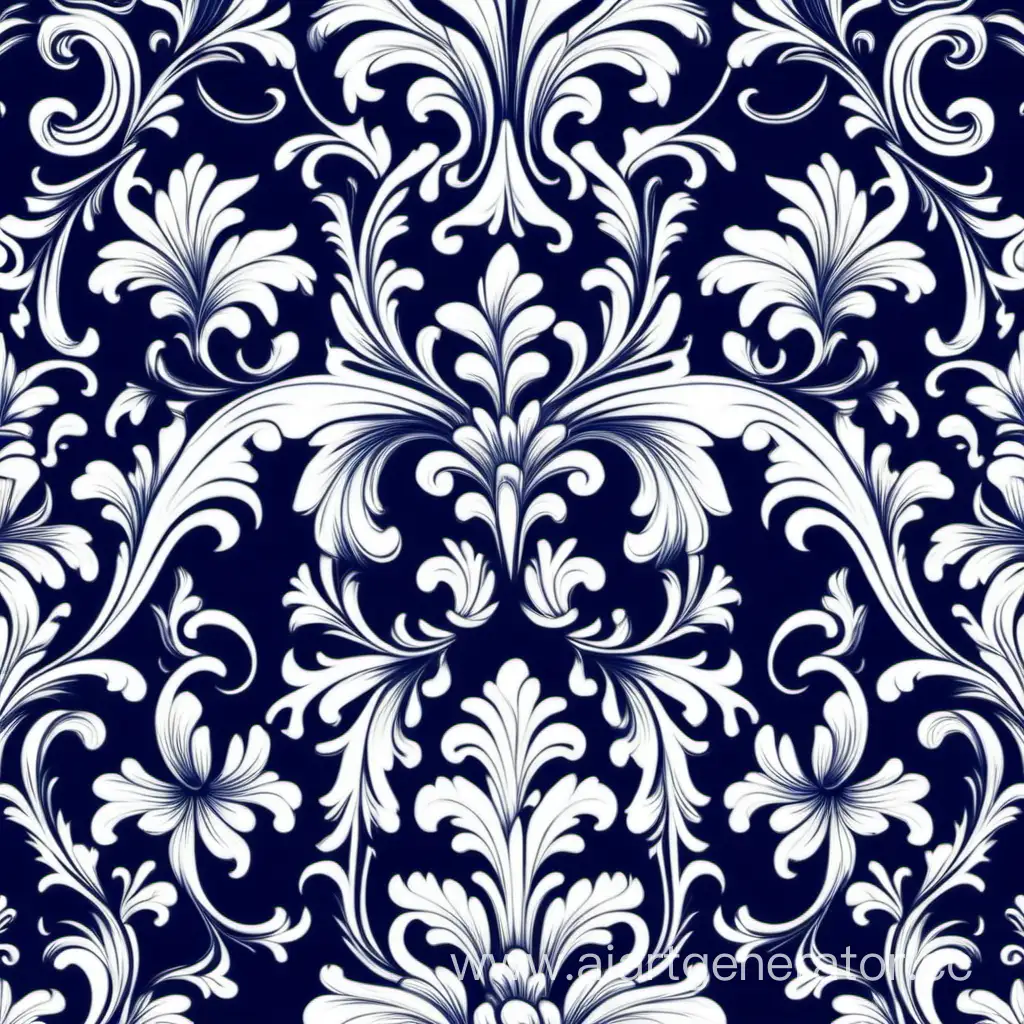 a pattern of floral, Baroque  movement, repeating pattern, white and dark bluevector illustration 