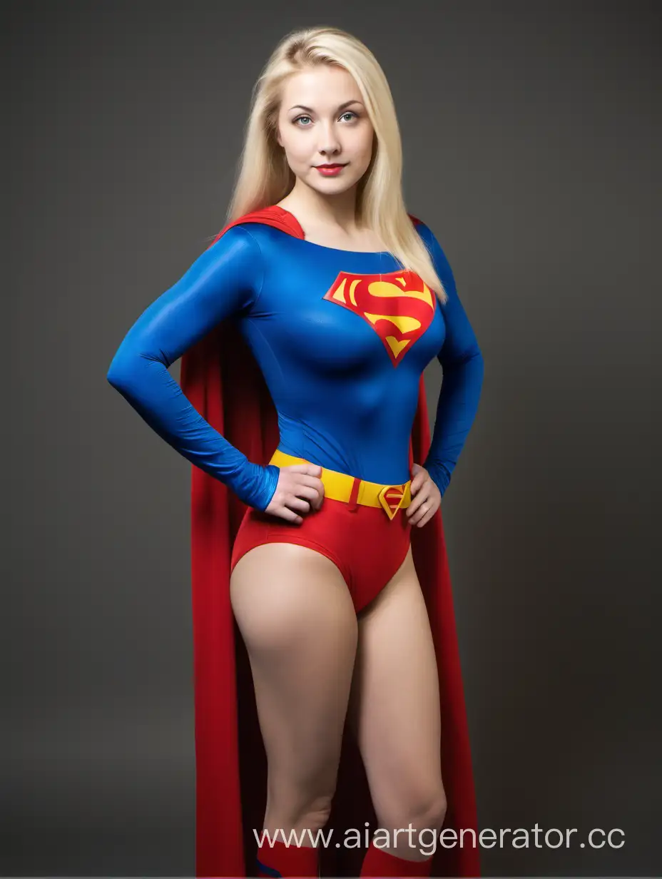 Mature Beautiful Young Woman 23 Years Old with Blonde Straight Hair & Is Wearing the Superman Suit