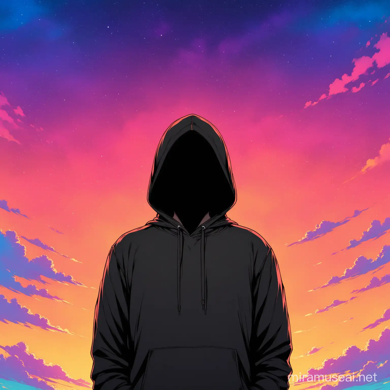 A man with no face that is just black with hoodie with colorfull sky