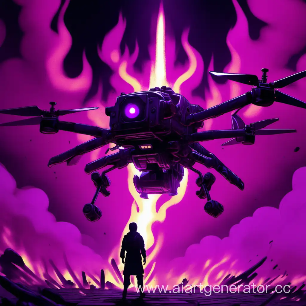 Uzi, персонаж Murder Drones, стоит в тени, на фоне горит огромный Фиолетовый огонь