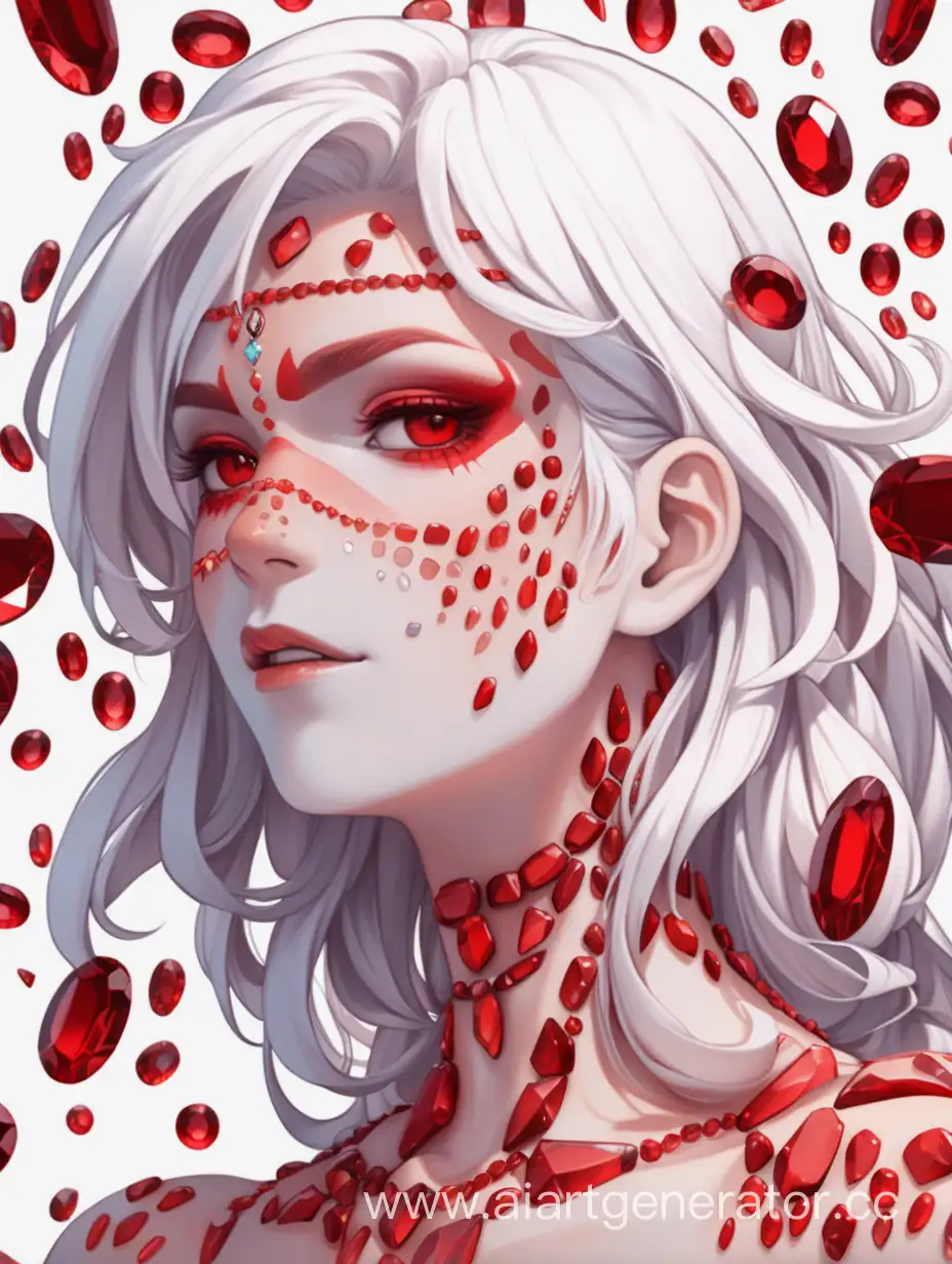 Generate a picture of a woman with red skin, white hair, and various red gems growing out of her skin. Anim style