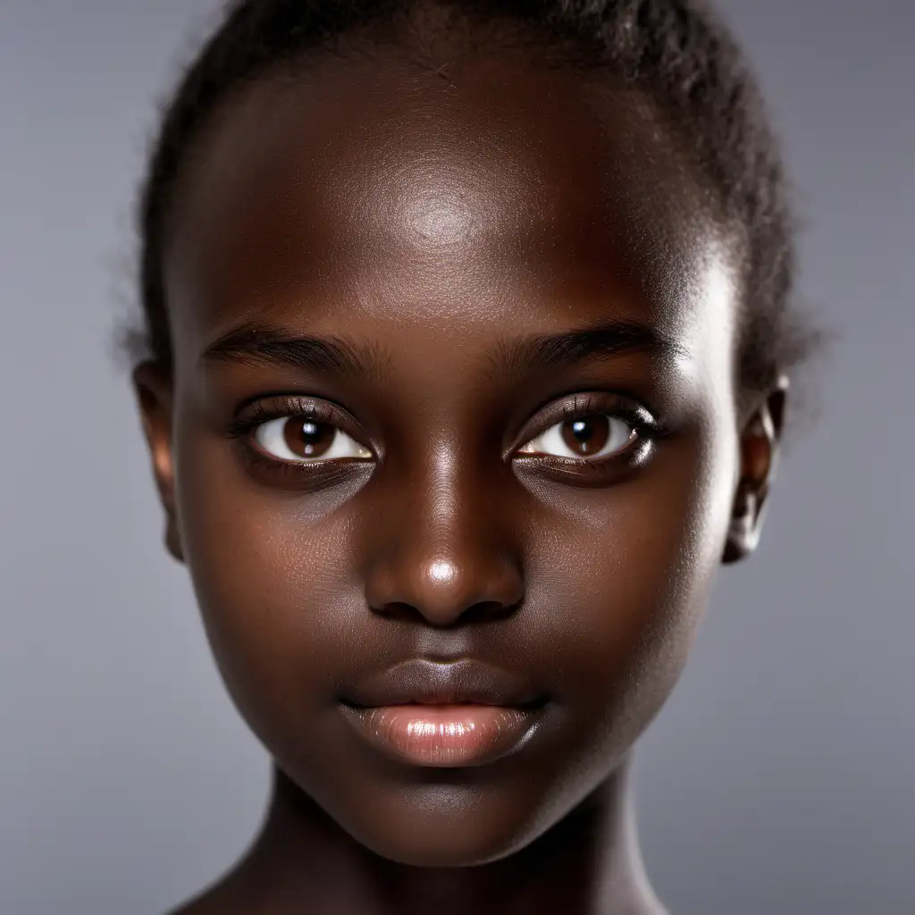 portrait of a beautiful natural skin, super dark skinned young girl with brown hair and natural lips, brown eyes, natural skin detailled face and eyes, no contrast or shadows, visible small pores, visible iris and pupil, thin eyebrows both visible with texture, natural skin texture, (highly detailed skin:2, 2), textured skin, (oiled shiny skin:0, 5), white backgroun, assymetrical face, do not show teeth, a frown, smooth  under eyes, no contrast hd skin