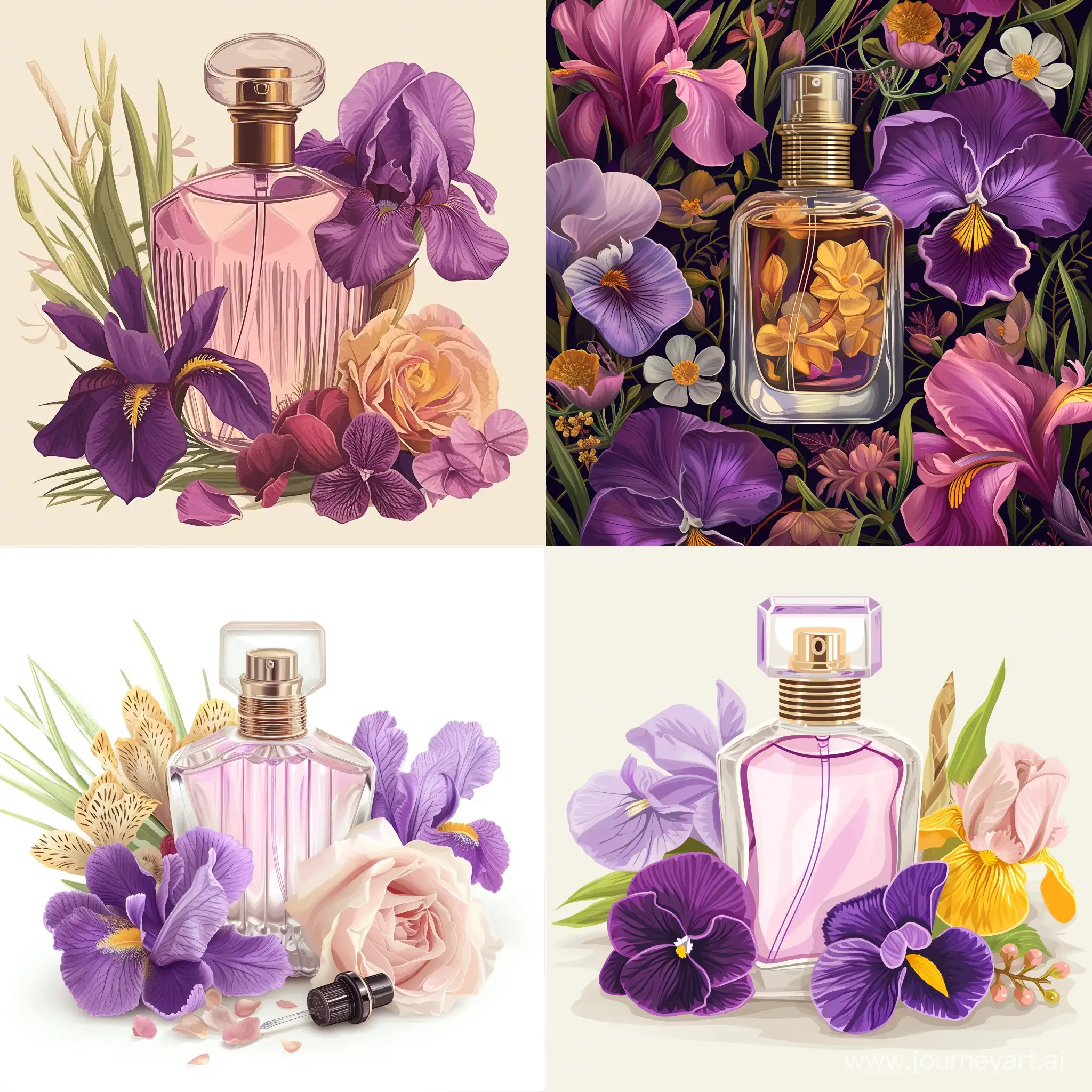 perfumes, Violet, Iris, Rose, Heliotrope detailed, beautiful rich background