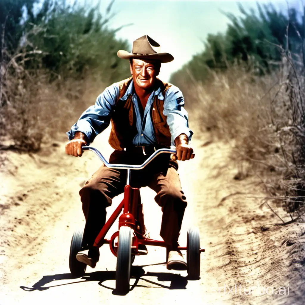 john wayne riding a tricycle on a dirt road