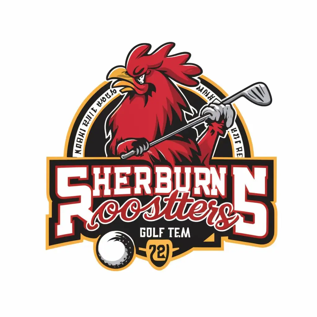 LOGO-Design-for-Sherburn-Roosters-Golf-Team-Bold-Red-Black-and-Gold-with-Cartoon-Rooster-in-Golf-Attire-and-Est-2024-Banner