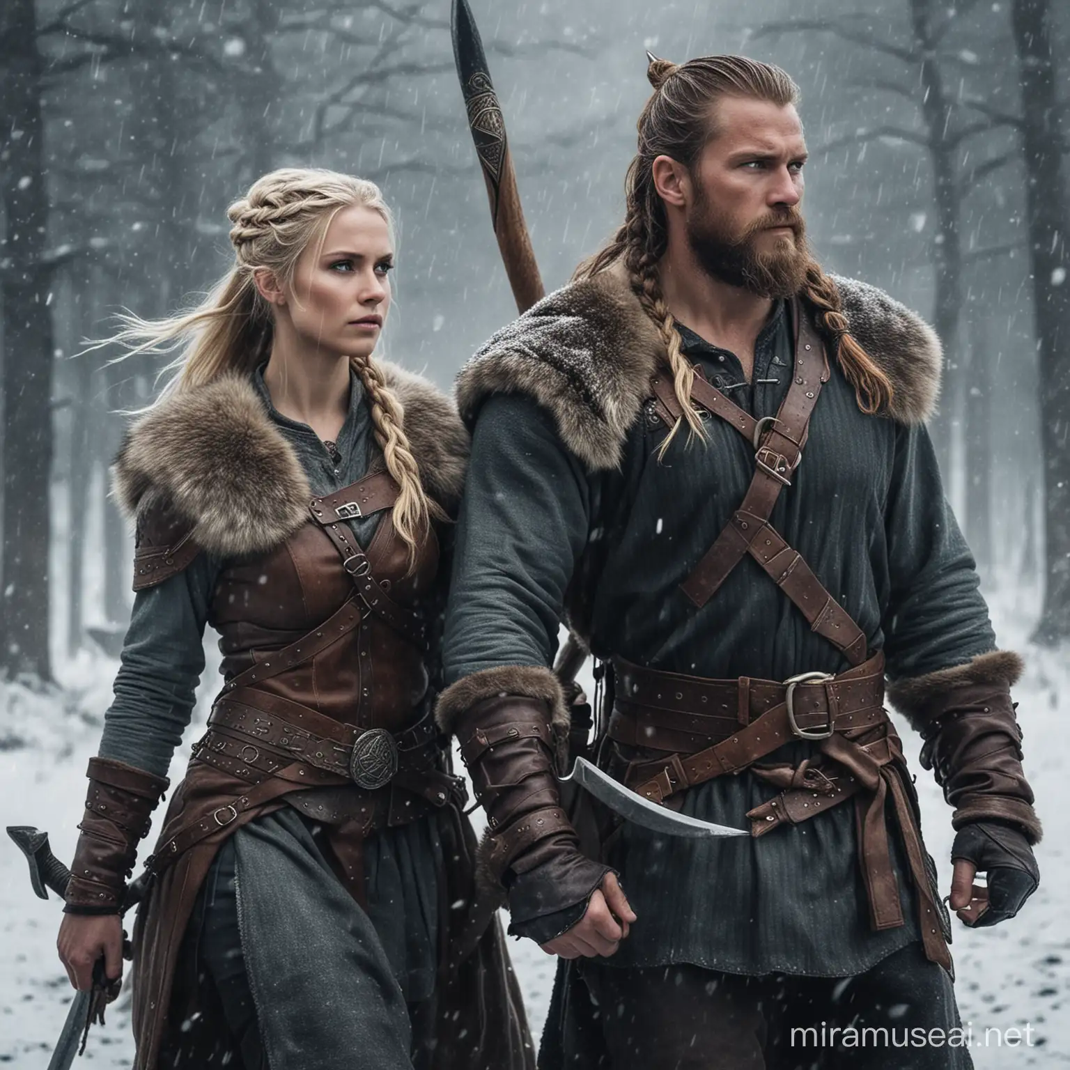 Imagine yourself as a Viking couple warrior a man with a viking warior woman ,in the midst of a blizzard. Describe your appearance, including your weapon of choice and any unique characteristics