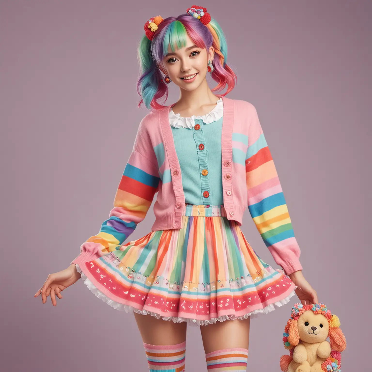 Vibrant Kawaii Style Colorful Rainbow Hair and Fashionable Outfit