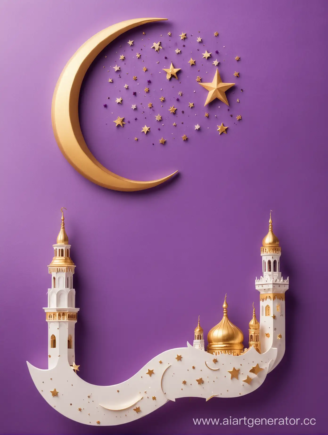 Golden-and-Purple-Ramadan-Scene-with-Crescent-Moon-and-Minaret-on-White-Background