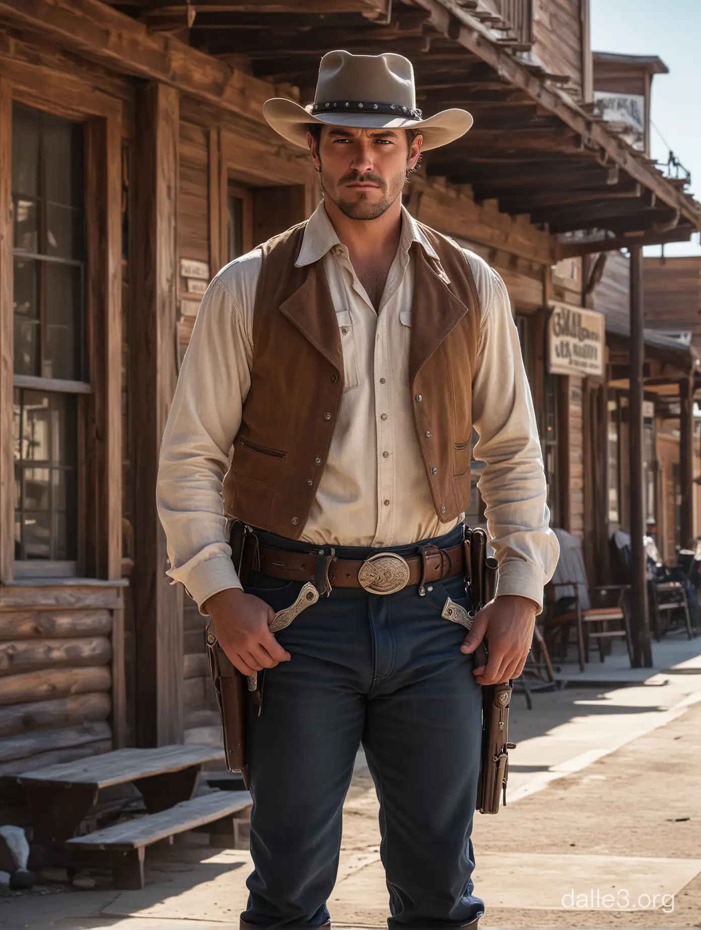 Focused Cowboy in Street Ready to Draw Revolvers Outside Saloon | Dalle3 AI