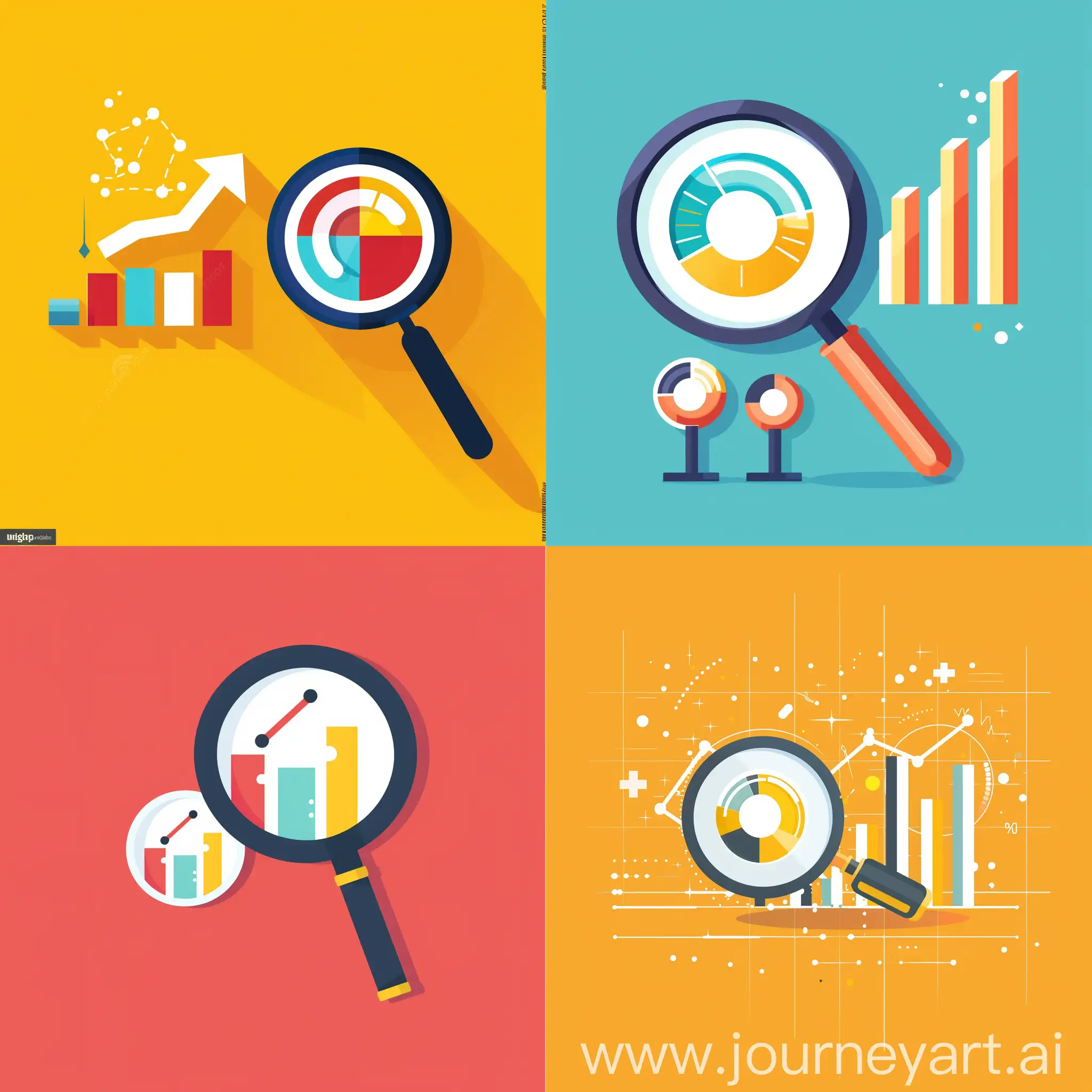 minimalistic flat illustration of a magnifying glass and a bar chart, solid background, bright light, high definition