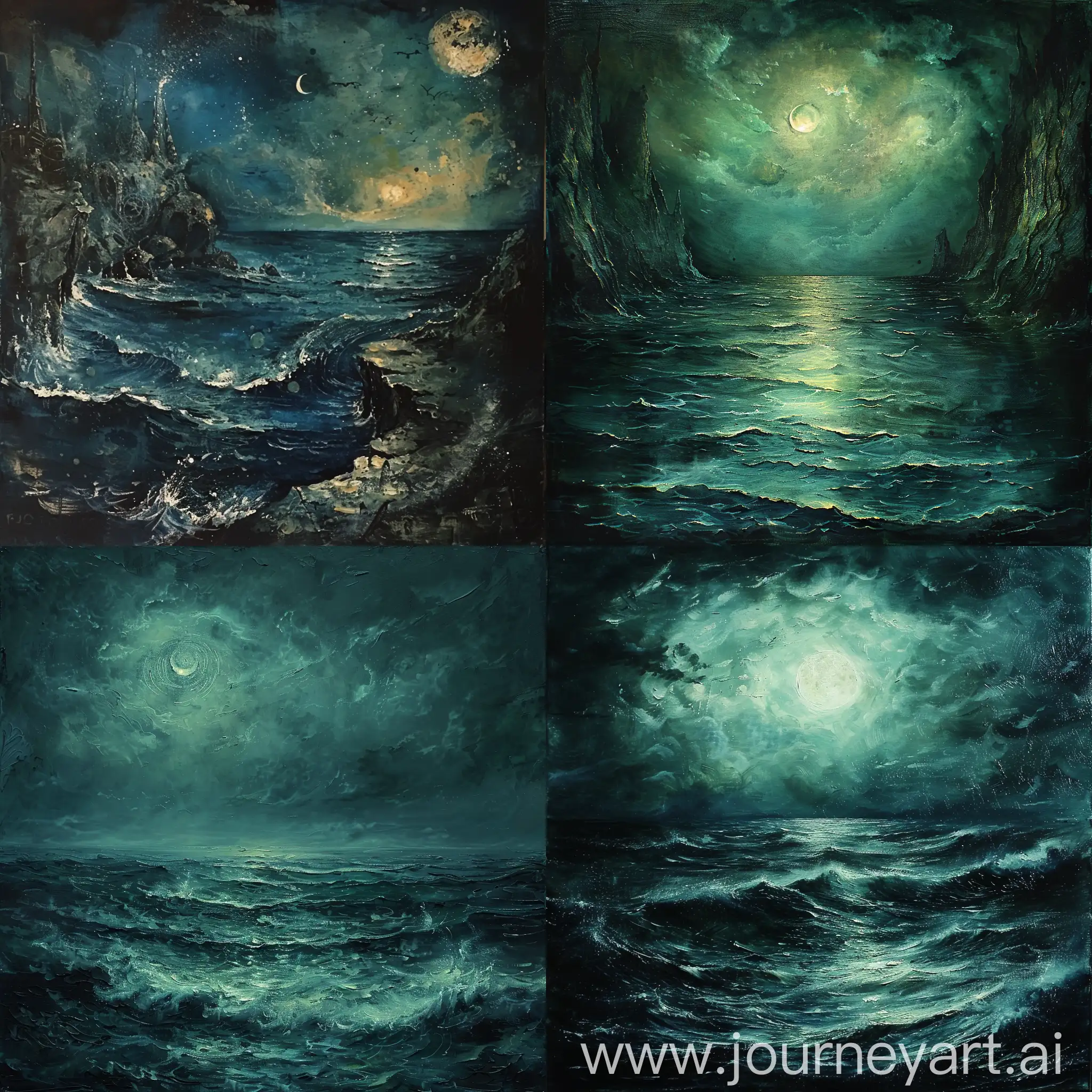 Art for an audio cd cover witch depicts a serene nightmarish night sea, dark oil painting style somewhere in between H.P. Lovecraft and Edgar Allan Poe