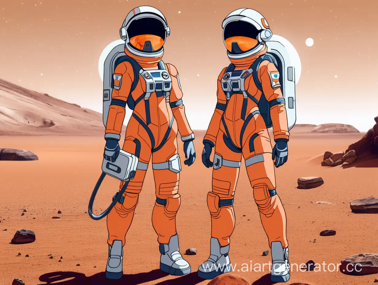 Two girls in space orange suits, helmets open. They are standing on Mars, holding metal things in their hands. Full-length, front view. Anime style