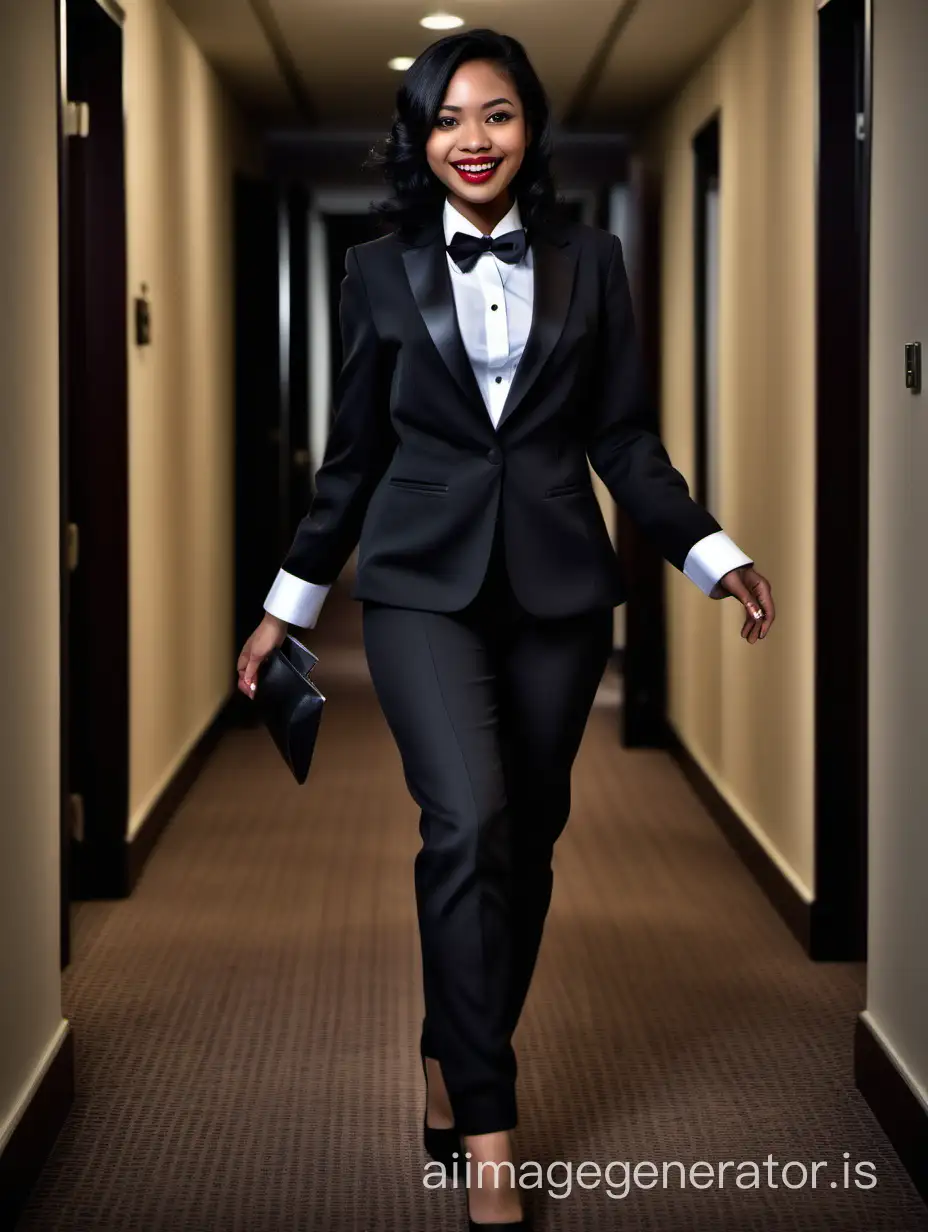 In a darkened hotel room. A pretty smiling and laughing Indonesian woman with dark skin, shoulder length black hair, and lipstick, is walking straight forward, looking at the viewer. She is wearing a tuxedo with an open black jacket and black pants. She is removing her jacket. Her shirt is white with double French cuffs and a wing collar. Her bowtie is black. Her (cufflinks) are large and black. She is wearing shiny black high heels. Her jacket is open.
