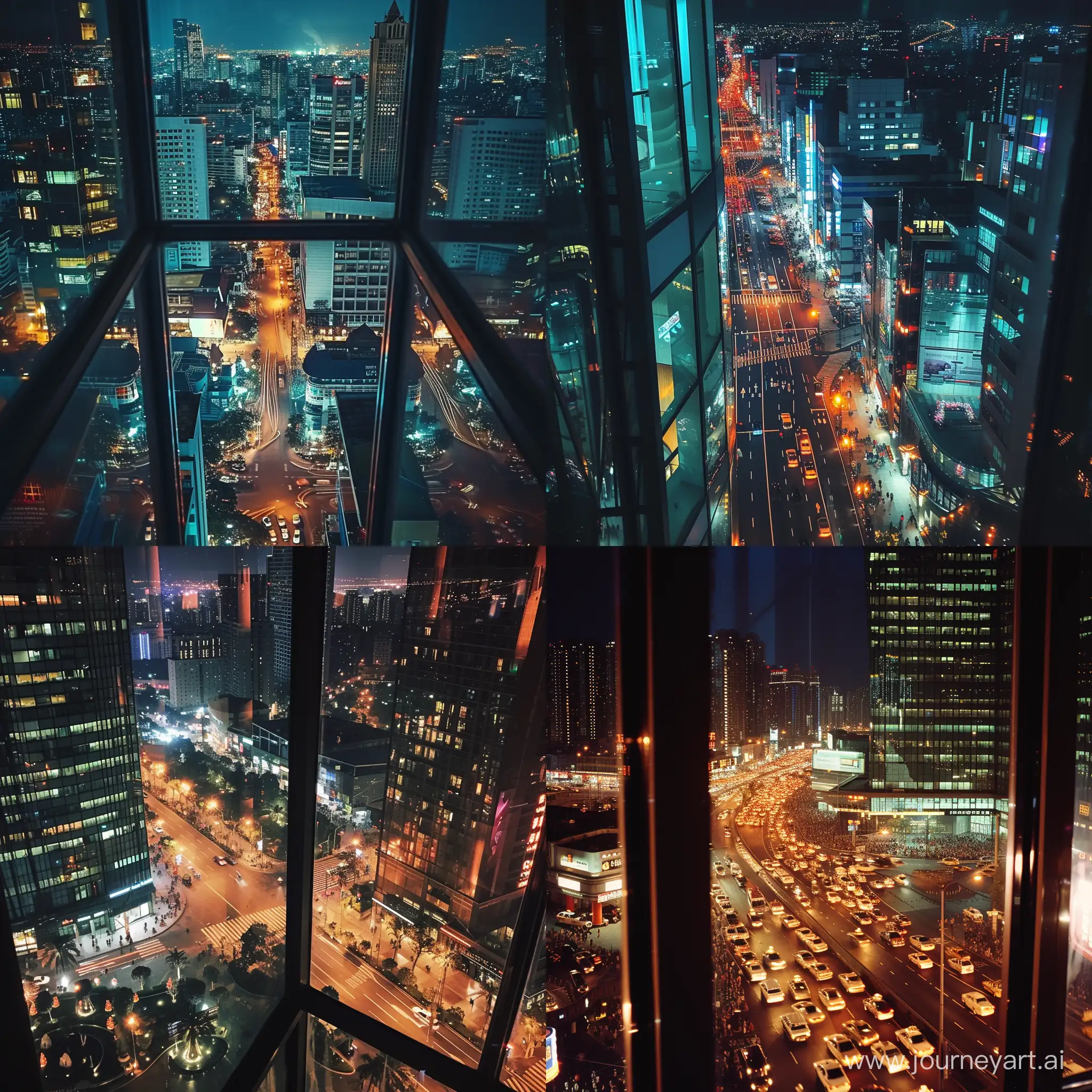 view from the skyscraper window of the lively night boulevard --v 6 --ar 1:1 --no 78518