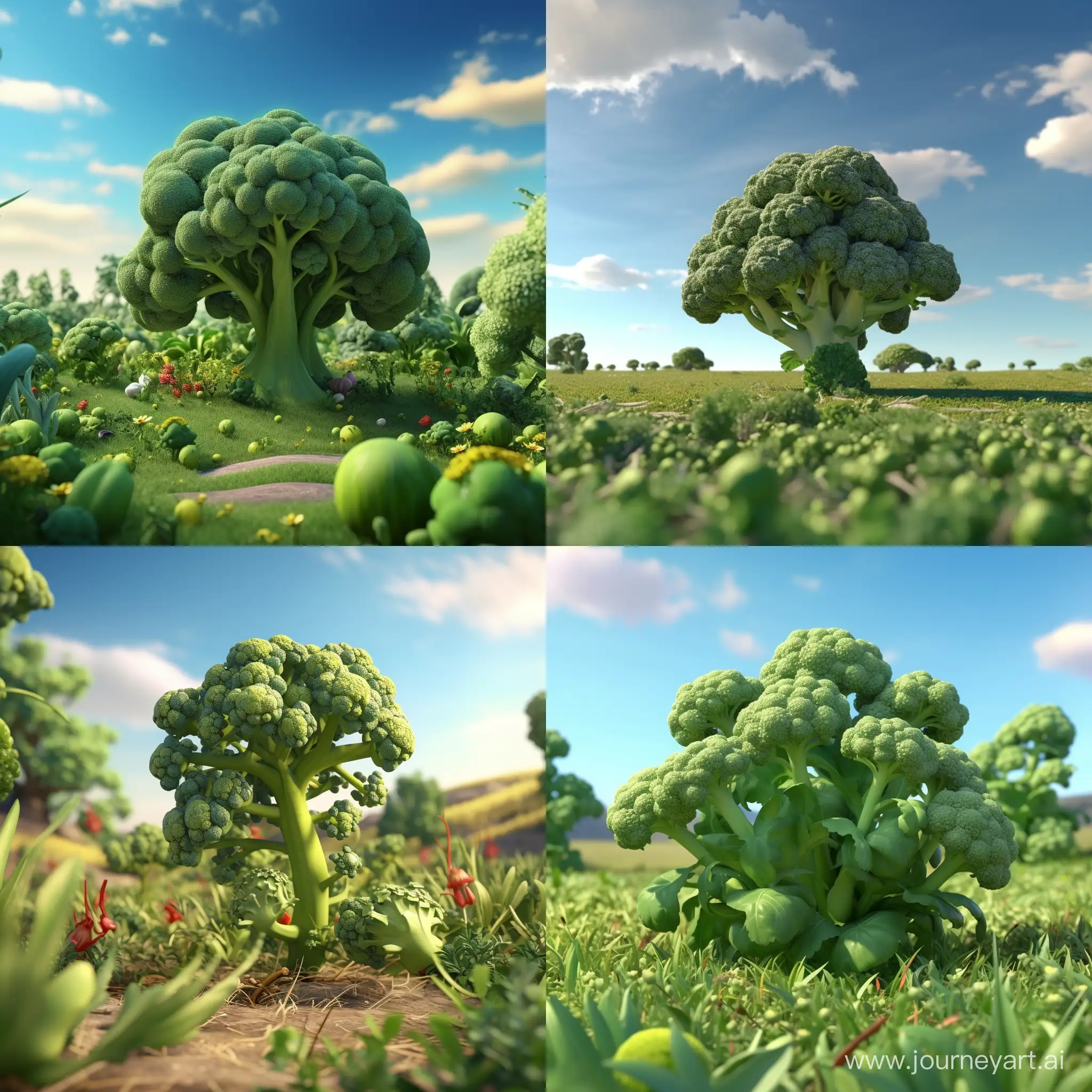 There are a lot of huge broccoli growing in the meadow. 3D animation 