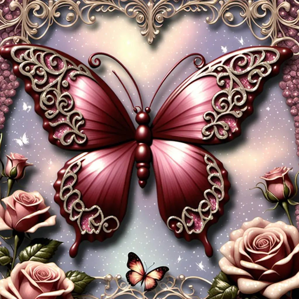 Enchanting Rose and Butterfly Fantasy in Filigree with Sparkling Fairy Dust