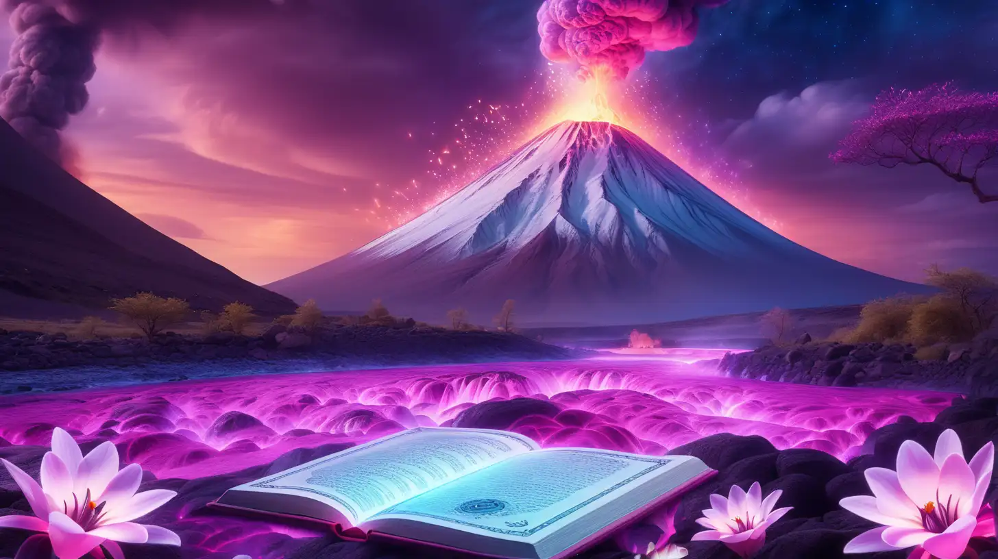 fairytale magical pink-white glowing flowers in a glowing bright purple river and volcano with blue-fire lava and a magical glowing book with magical clock growing out of it