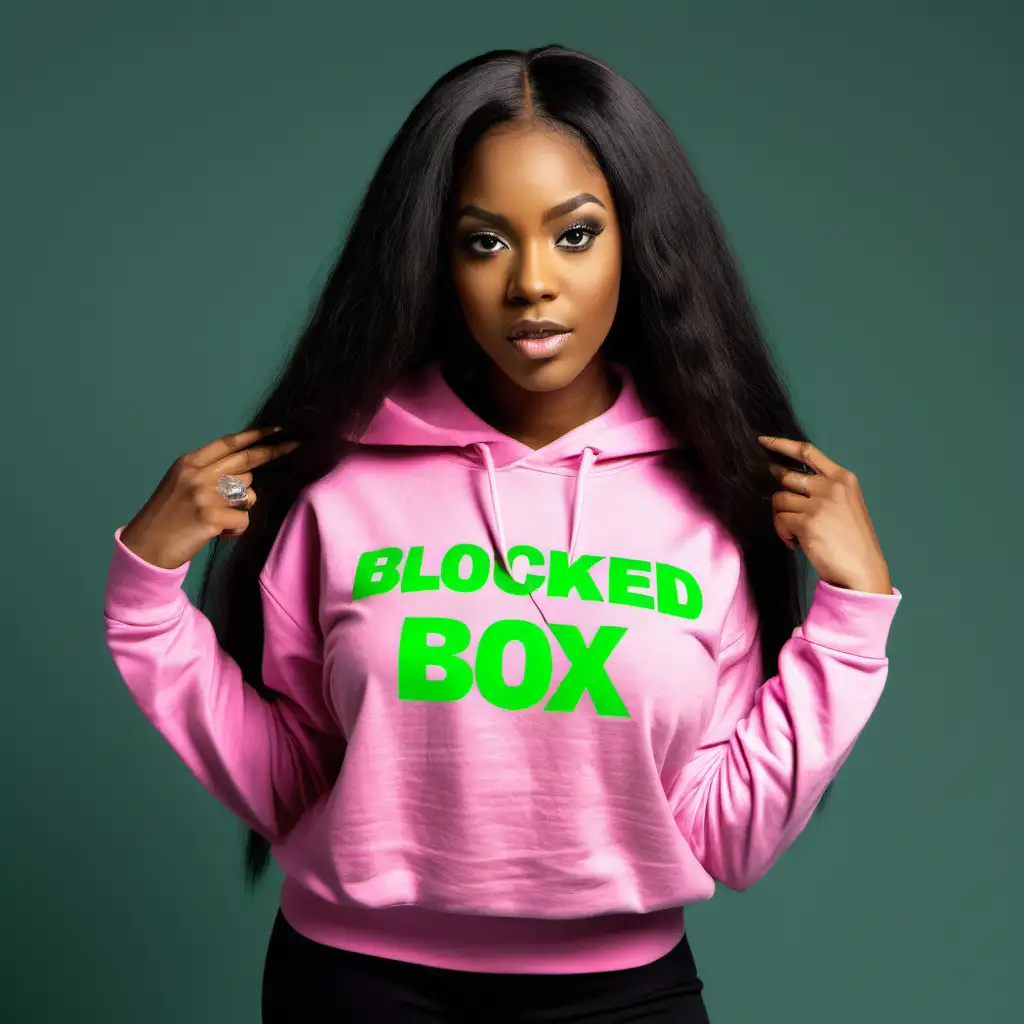modern Black woman with long hair in cropped pink hoodie with green text on the t-shirt with the words "The Blocked Box"  on his shirt in a fashionable way. Make sure each word in quotes is on her shirt design. She should be using a high fashion pose to show off the words on the shirt. 
