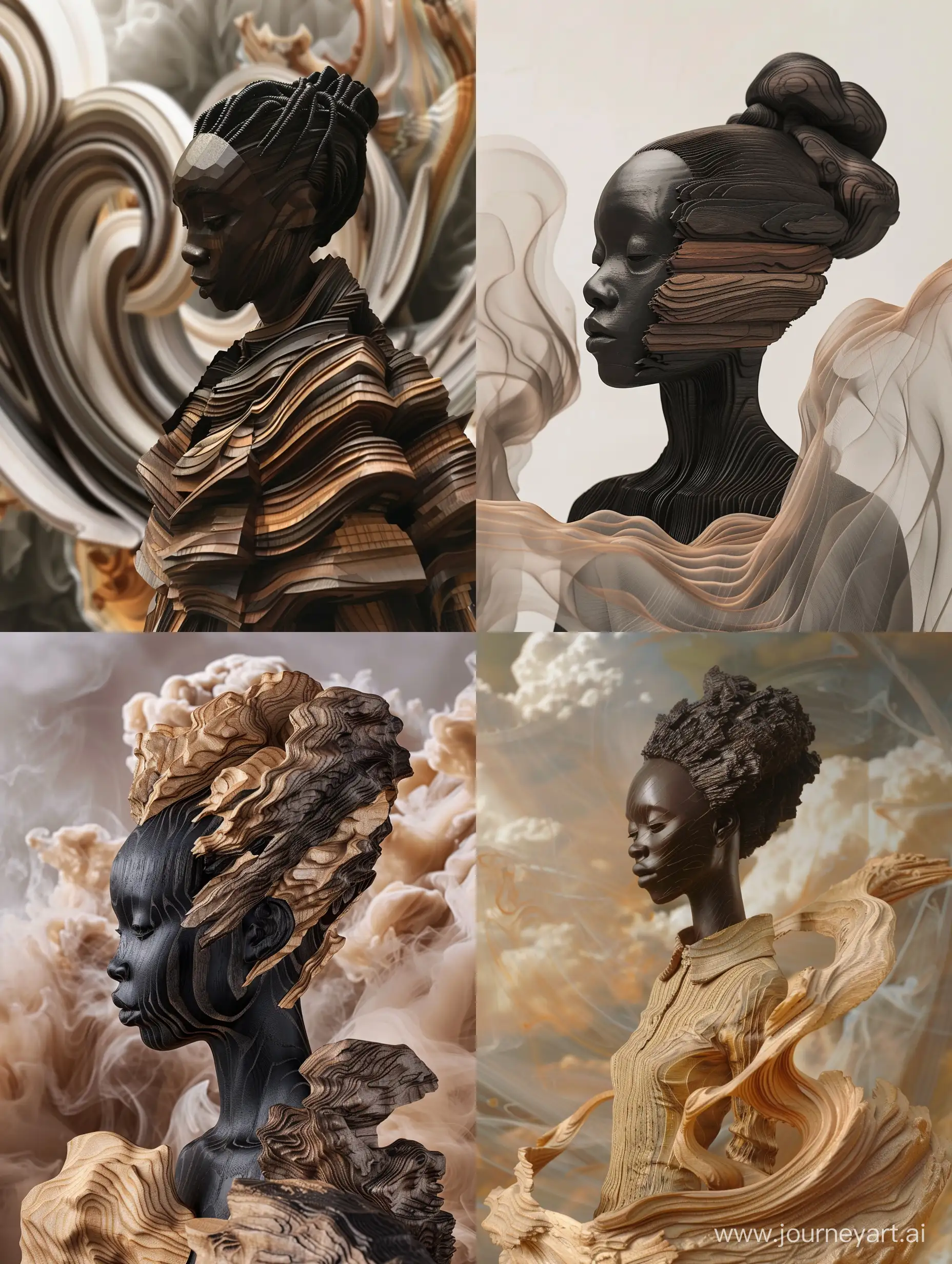  A black woman takes shape as a wooden sculpture, echoing the distinctive style of Hugh Kretschmer. The interplay of wood grain textures and intricate detailing creates a multi-dimensional masterpiece that evokes a sense of wonder. Against a backdrop of ethereal dreamscapes, she stands as a testament to the fusion of creativity and craftsmanship.