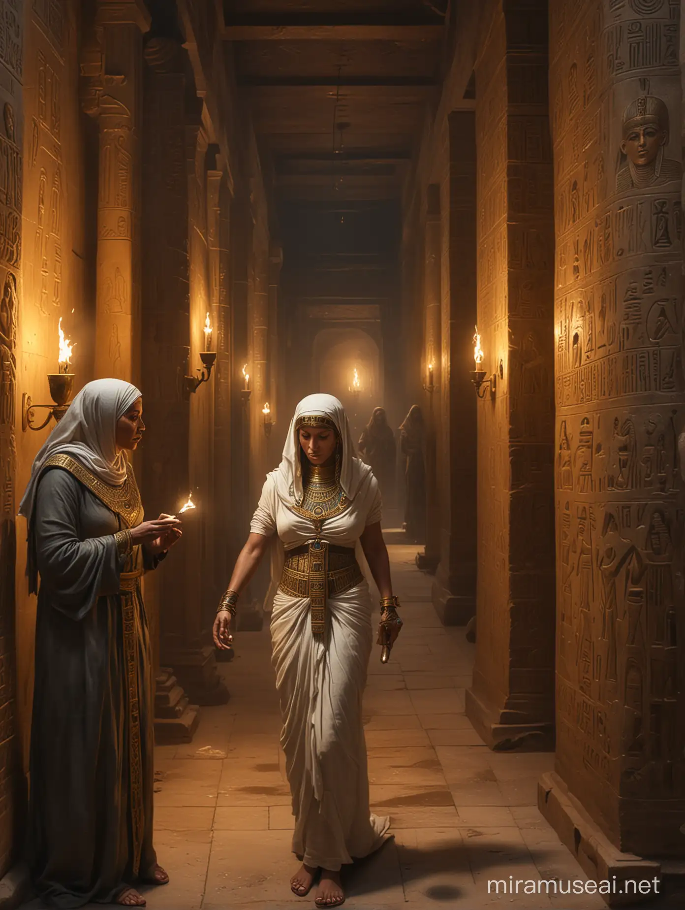 woman mummy with priest In atmospheric an Egyptian temple, It is in the very initial stage where internal organs are being handled. Torches on the walls, gold ornaments, ultra-detailed, A hyperrealistic, dark, Oil Painting, 