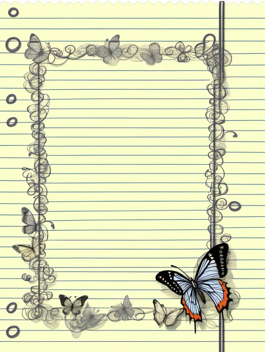 an illustration of a piece of lined notebook paper with a butterfly border