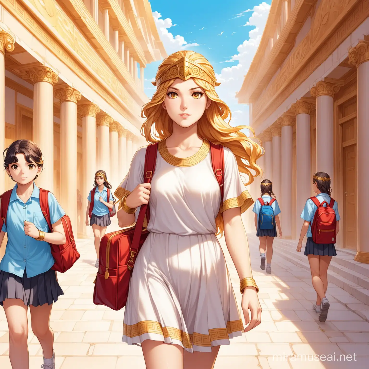 Greek god Athena going to school