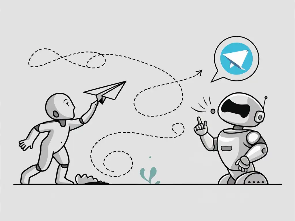 Minimalistic-Drawing-of-Person-and-Robot-with-Paper-Airplane-and-Telegram-Logo