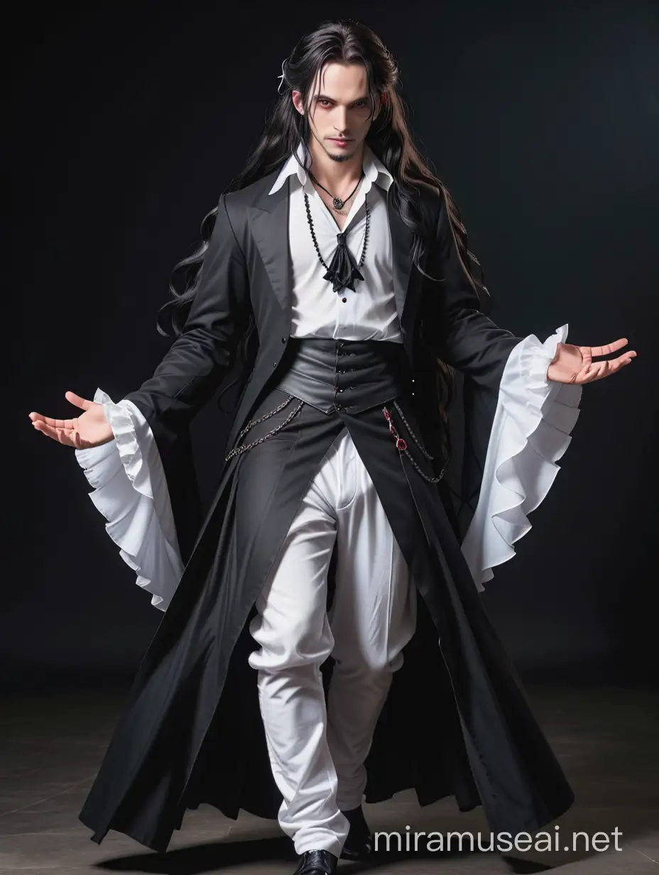 mephistophelis , secretly working for the good now , full body pictured, with long hair, a white ruffked shirt, and black renaissance attire, dressed to go out to a goth club dancing