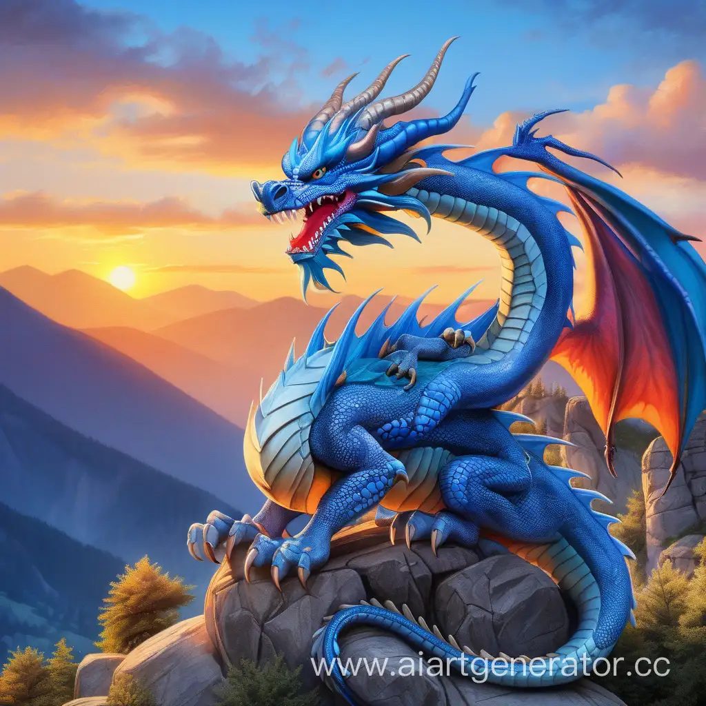Дракон голубого цвета в горах на закате в