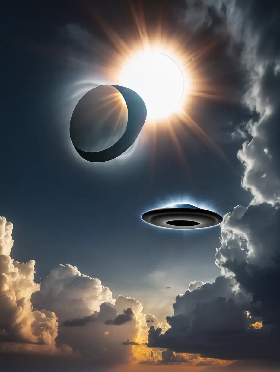 total solar eclipse in evening sky with flying saucer in the clouds