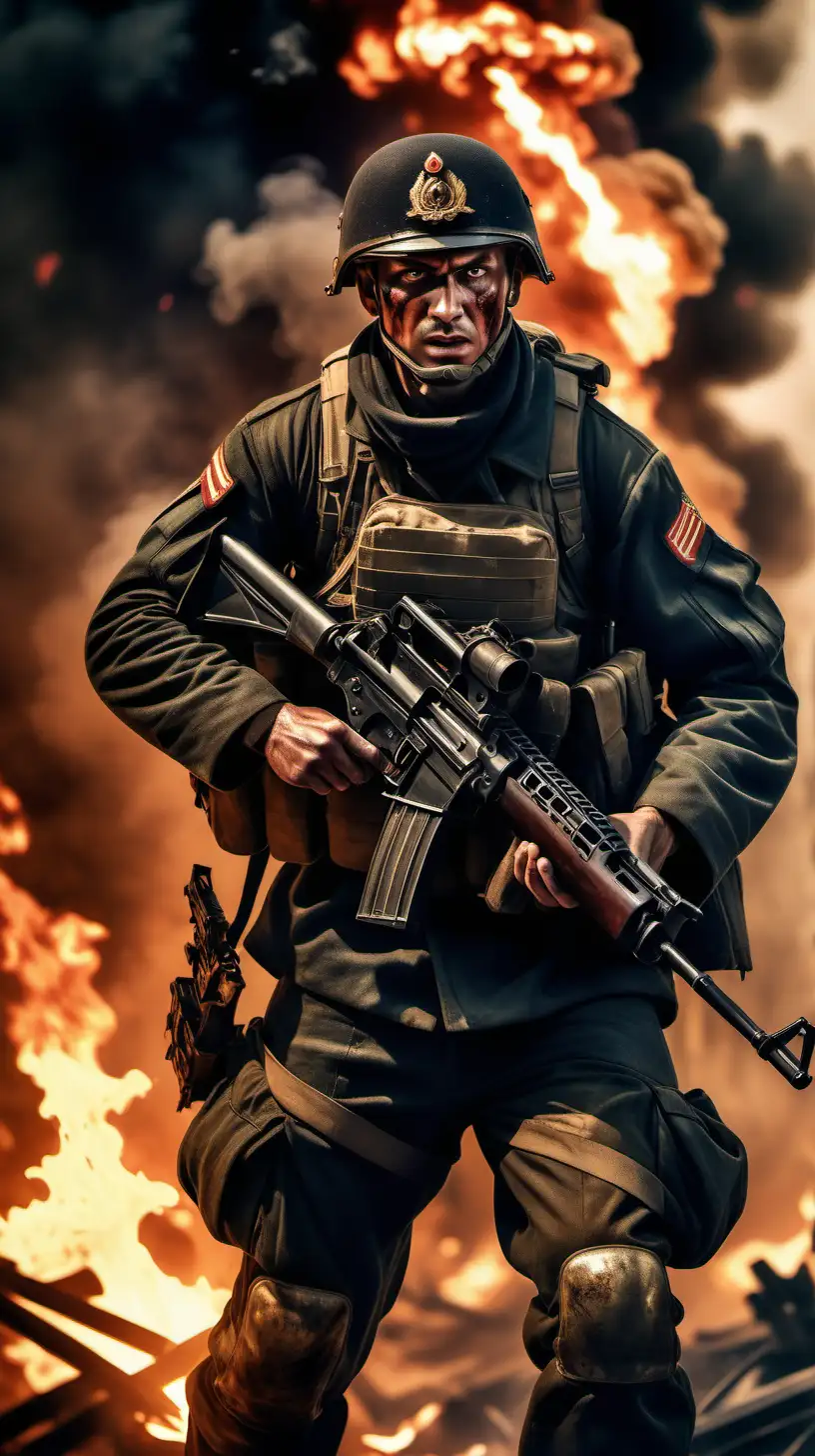 Create an image of a fierce-looking captain soldier, tall and well-built, carrying a machine gun with a bullet belt draped over his shoulder. Surround him with a furnace of fire burning intensely around him, creating a dramatic and powerful atmosphere. The soldier is camera-focused, resembling a scene from a commando movie, with his expression and stance conveying determination and strength. The overall effect should be cinematic, highlighting the soldier's imposing presence amidst the chaos of battle, with the flames adding to the intensity of the moment.