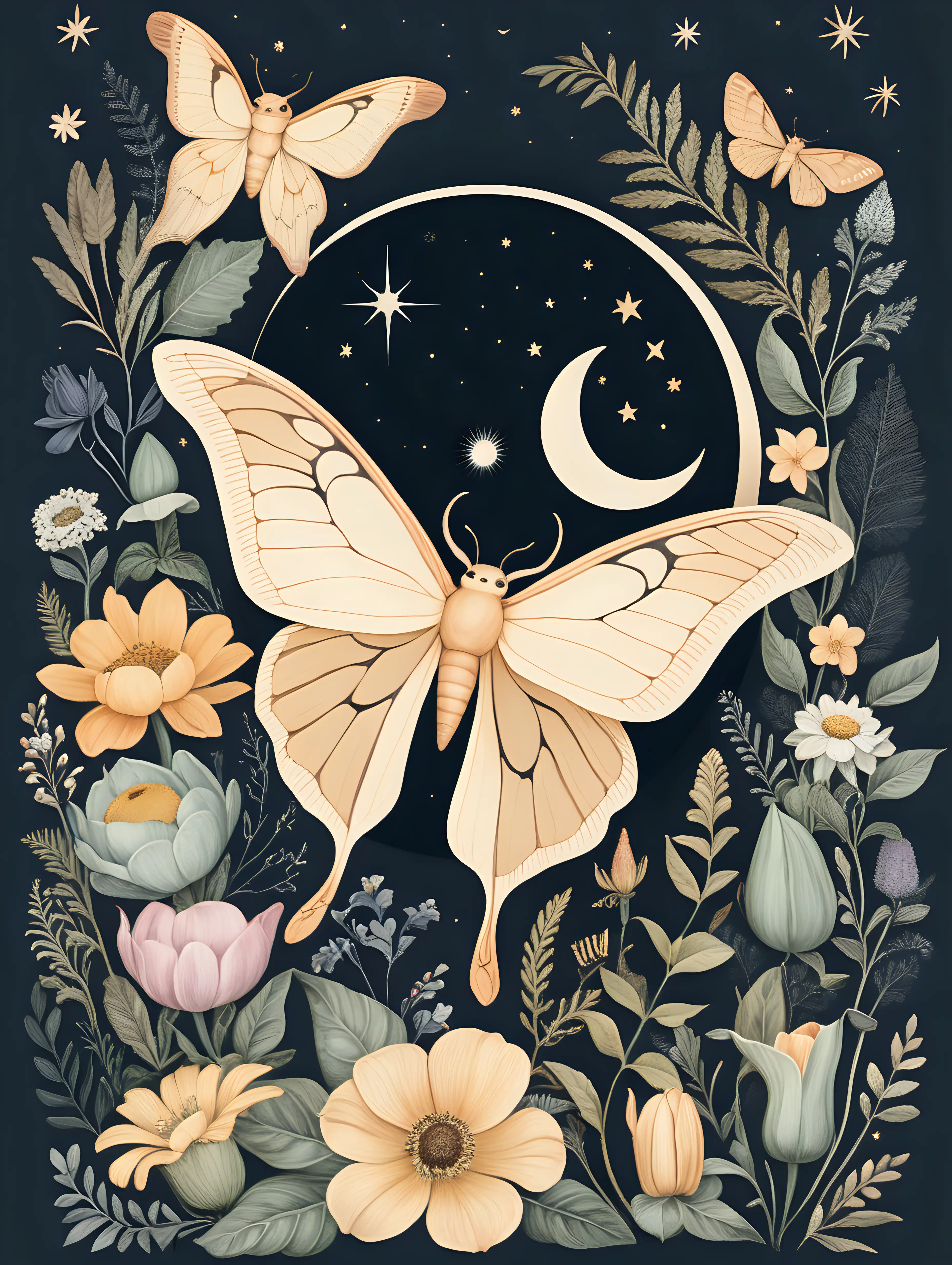 Illustrate total Solar eclipse with Cottagecore aesthetic 
Florals and animals including Luna moth. Add toad. Muted color palette. 
