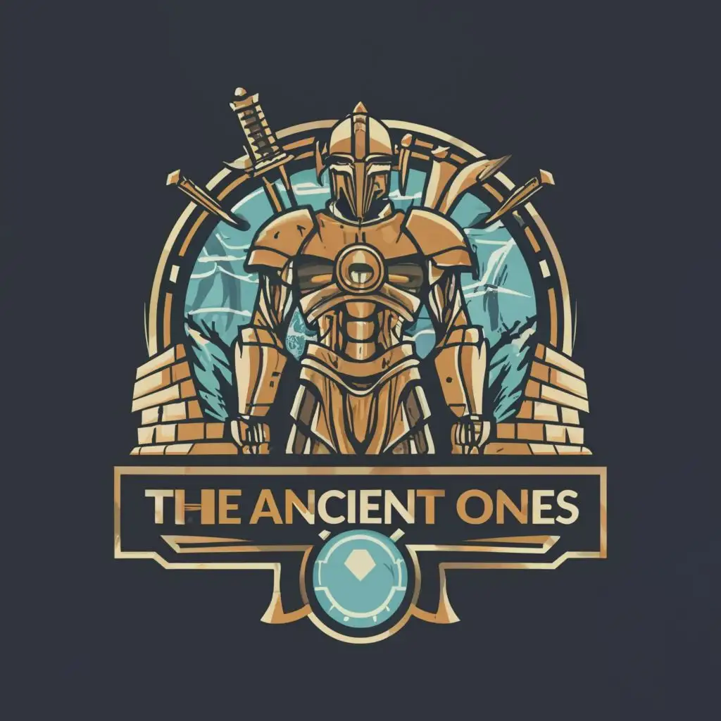logo, Robot warrior, Greek ruins, with the text "The Ancient Ones", typography, be used in Entertainment industry