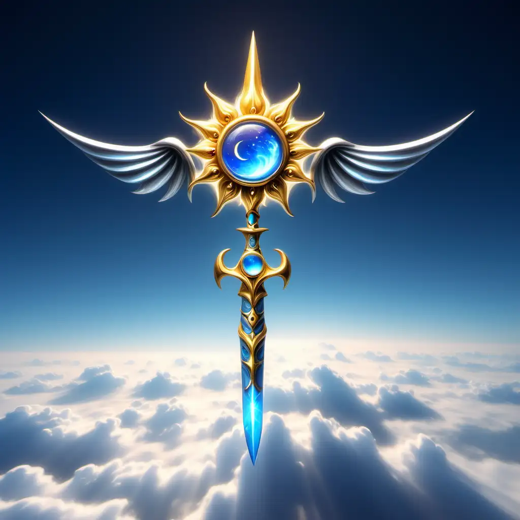A luminous azure, silver, and gold spear with a sun and moon tiny wings near its wavy tip.  A decoration of clouds rests just beneath the transition.  Its shaft narrows in the middle.