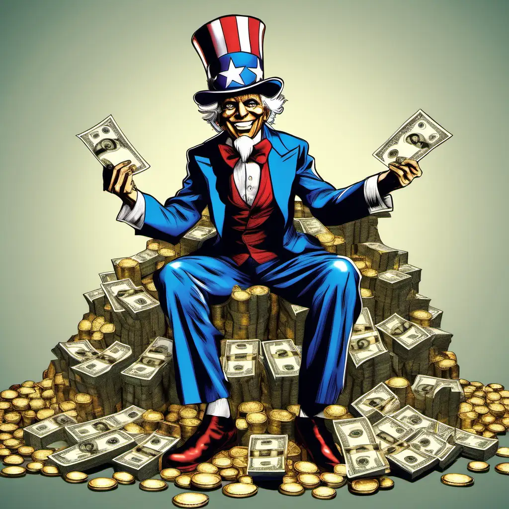 Uncle sam happy, sitting on a pile of gold and holding dollars in his hand
