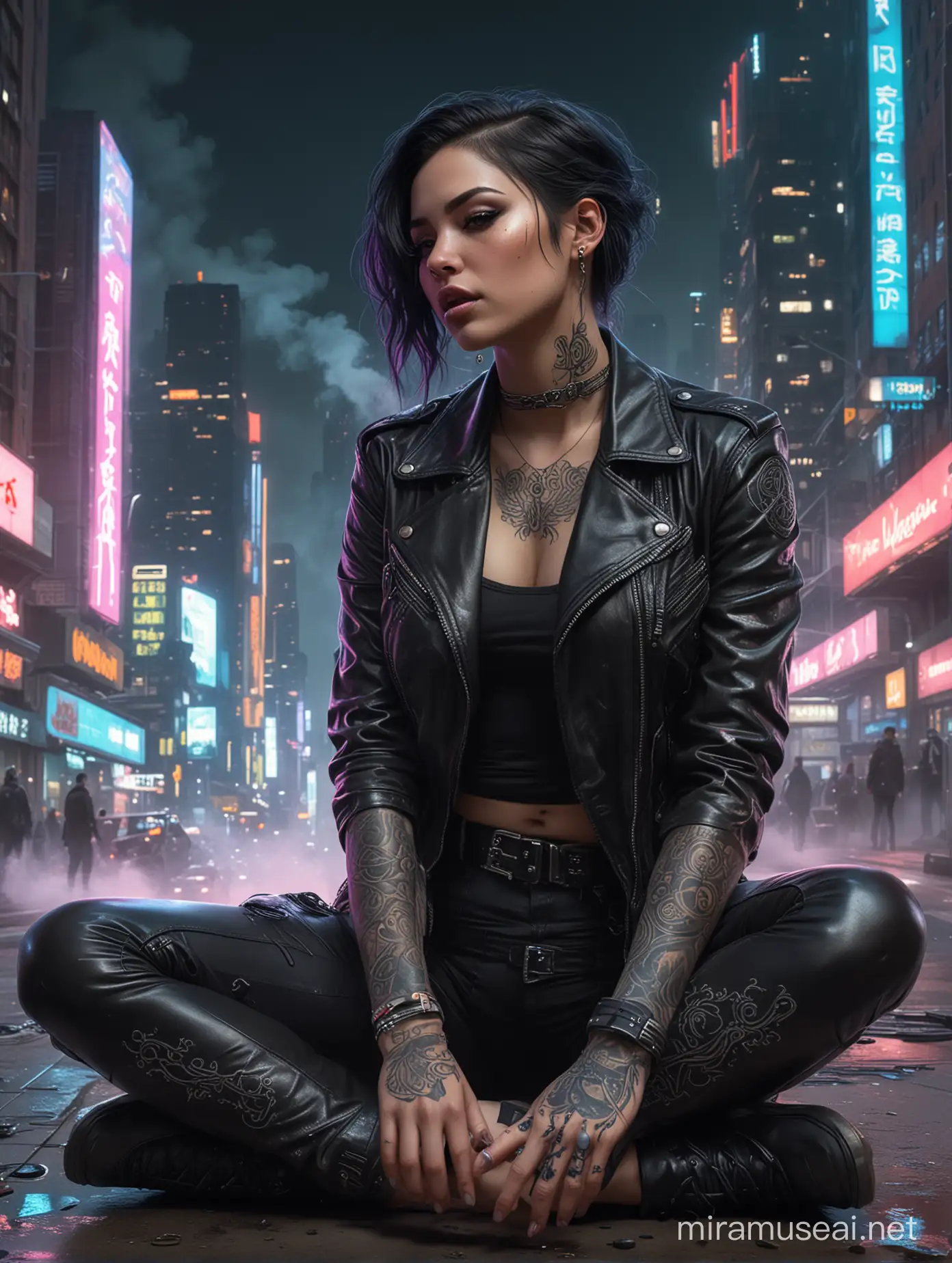 (A striking, cyberpunk-inspired painting of a gothic woman sitting on the ground. She wears a black leather jacket with intricate tattoos covering her arms, and her face is adorned with dark makeup. She casually smokes a cigarette, exhaling a trail of smoke in the air. The background reveals a neon-lit cityscape, with towering buildings and a futuristic highway. The painting is highly detailed, showcasing the artist's skill in capturing textures and light. It is a lowbrow masterpiece, created by the talented Ross Tran and shared on the CGSociety platform.