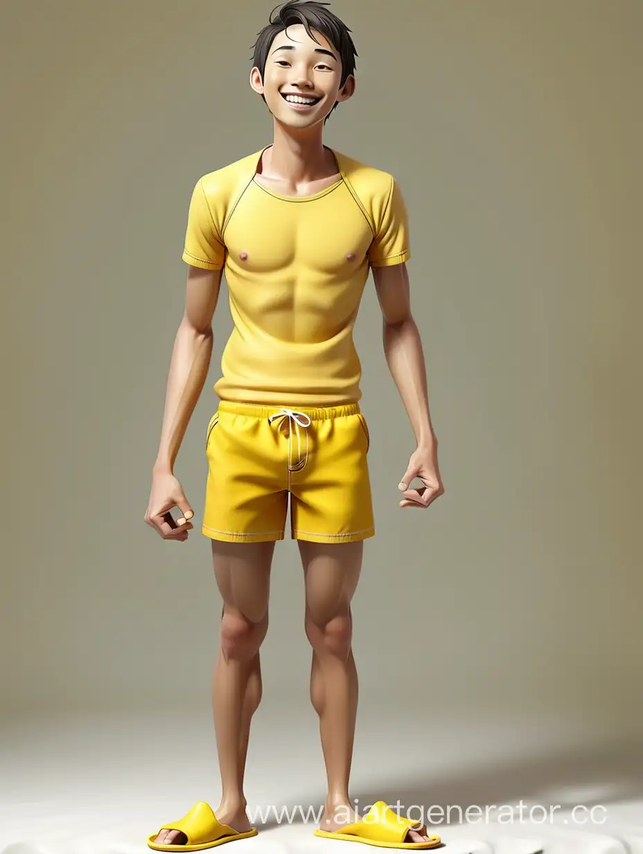 Smiling-Tall-Asian-Man-in-Yellow-Swim-Trunks-and-Slippers