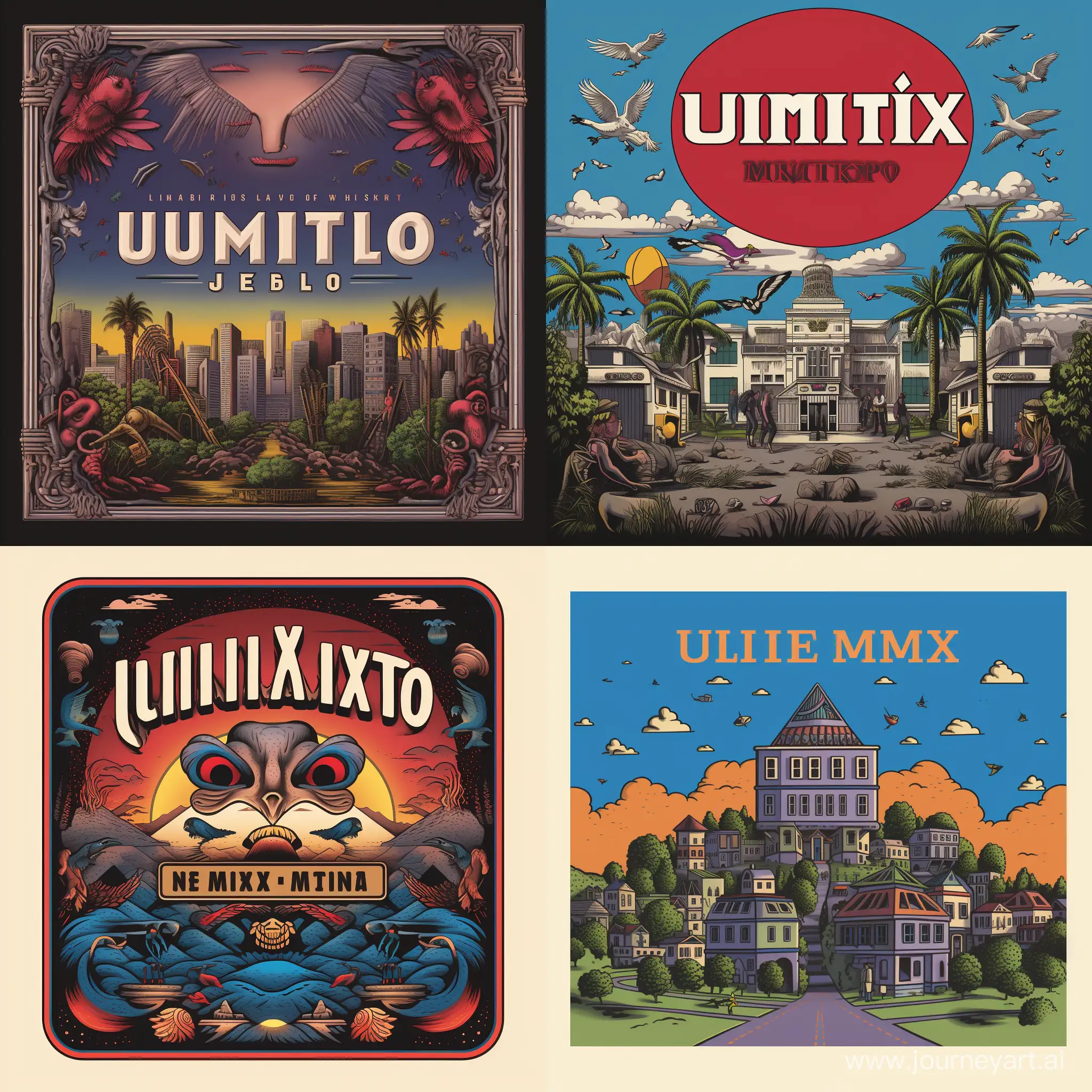 квадратный постер на обложку диска на которой все что олицетворяет культуру 2000-х,80-х и 90-х посередине надпись "ULTIMIX" 