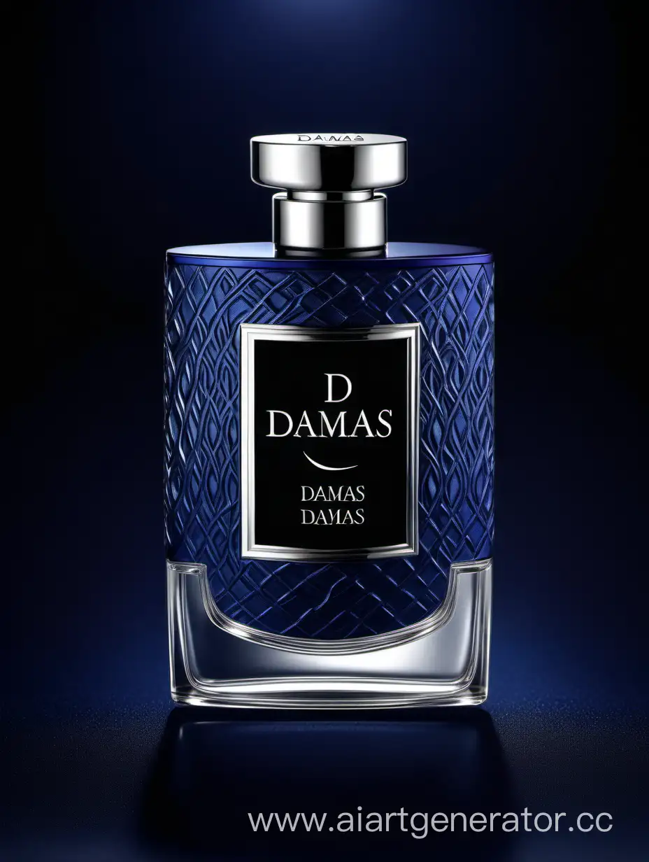 Luxurious-Silver-and-Dark-Matt-Blue-Perfume-Bottle-on-Black-Background-with-Damas-Text-Logo