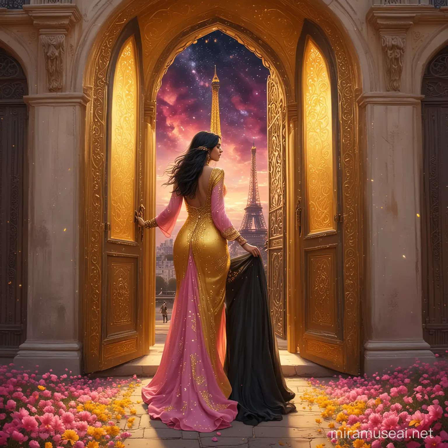 Elegant Woman Entering Golden Arabian Door Amidst Floral Splendor