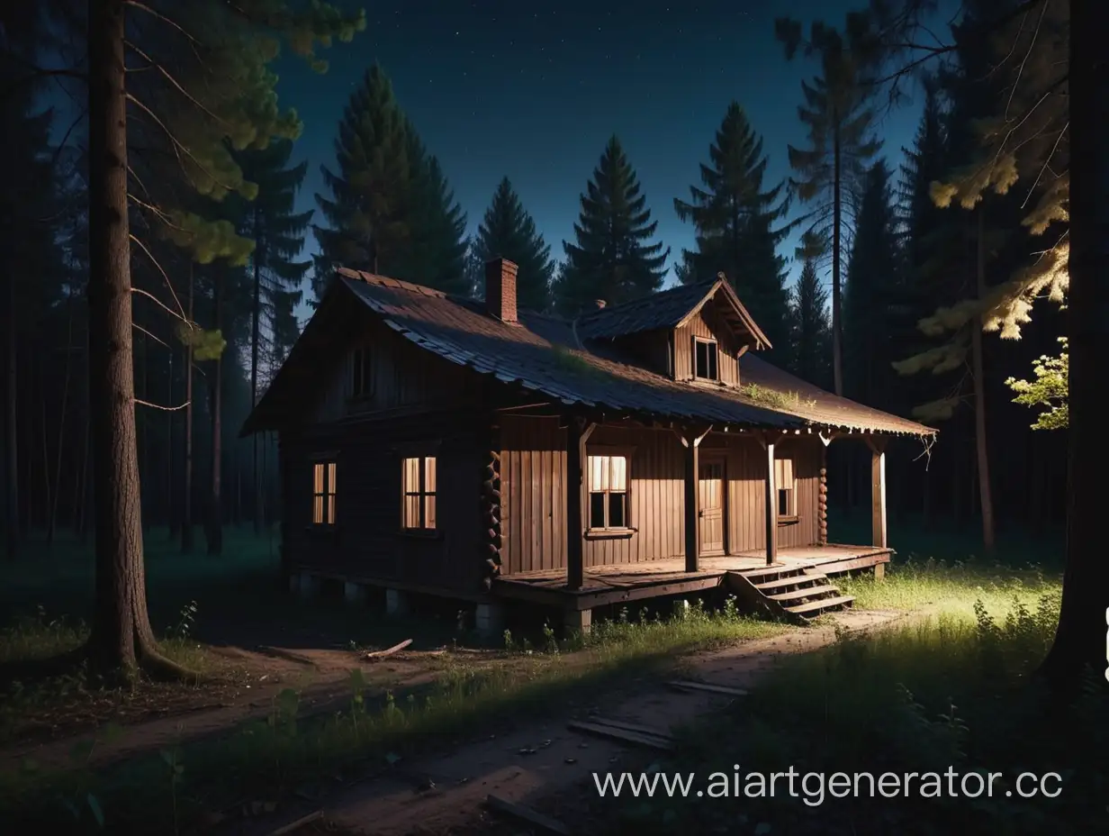 деревянный заброшенный дом во мраке, без света, одноэтажный, ночь. лес