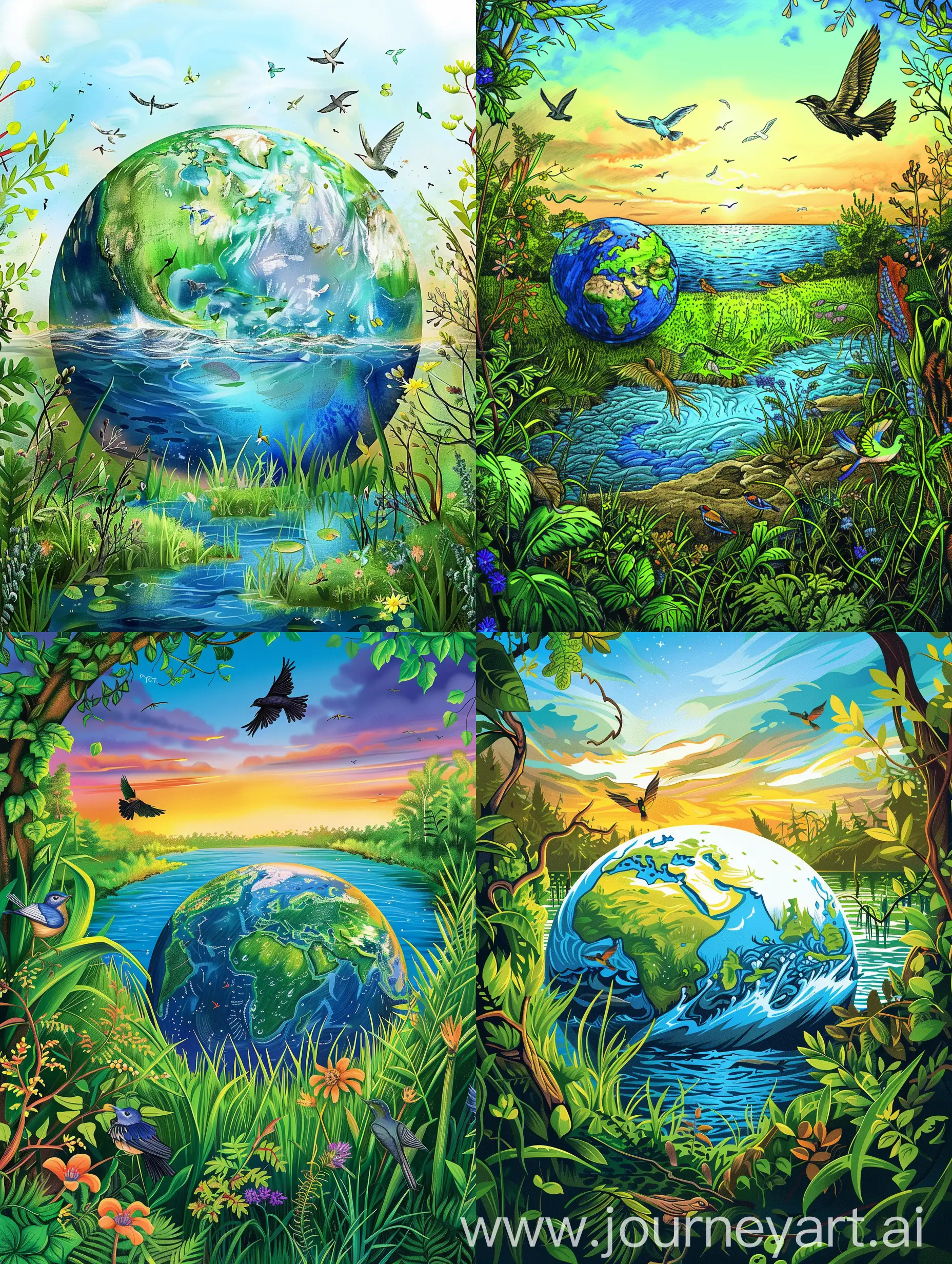 Please draw a picture of the vibrant nature, with the Earth, water, green grasslands and plants, and birds