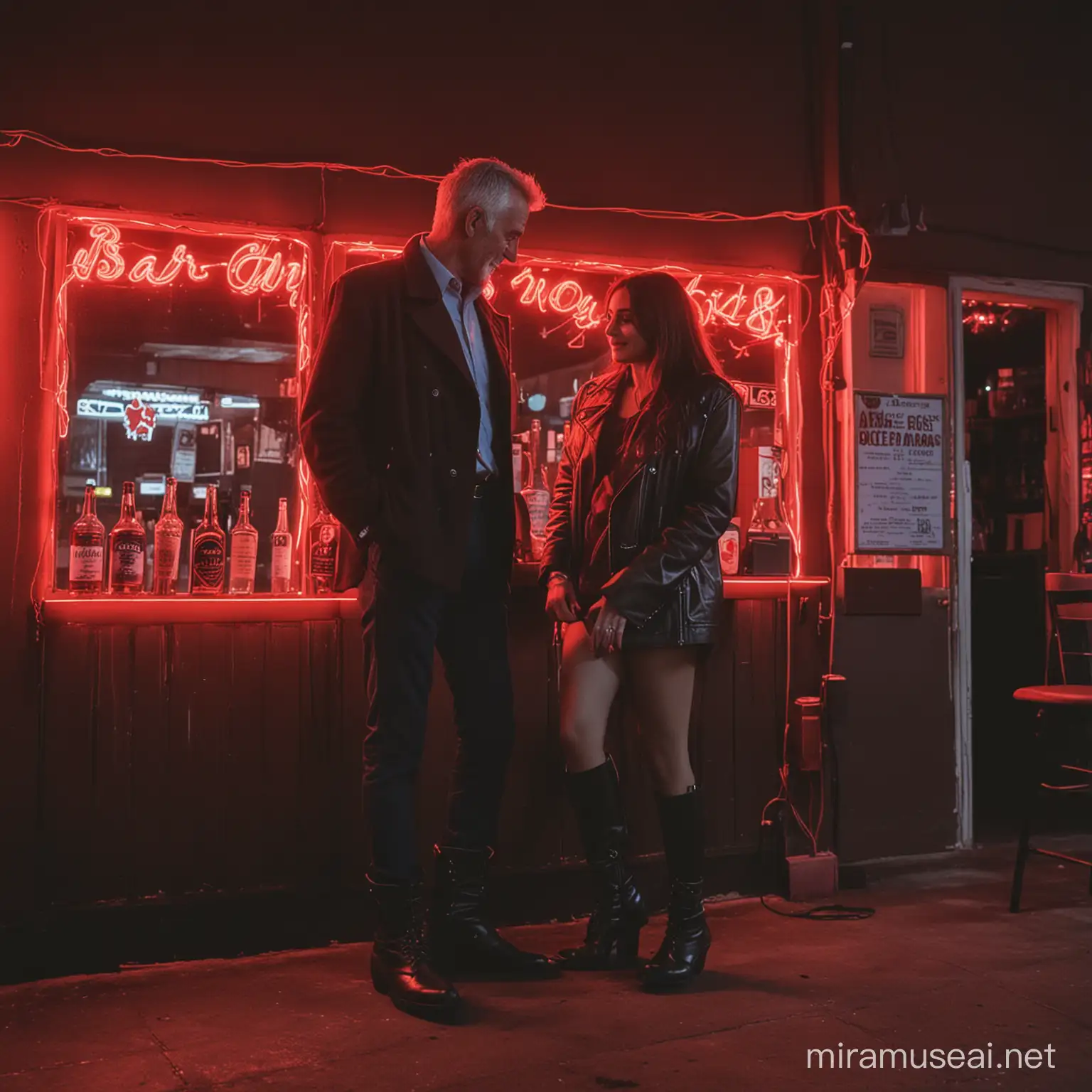 Older man younger woman, bar, romantic, fairylights, aesthetic, boots, handsome, red neon light, 