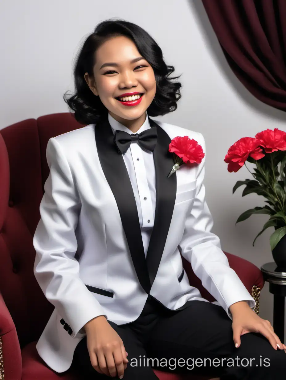 A smiling and laughing Filipino lady with shoulder-length hair is wearing a tuxedo with black pants. Her shirt is white with a wing collar and French cuffs. Her bow tie is black. She is sitting in a chair. She is wearing lipstick. Her corsage is a red carnation. Her jacket is open.
