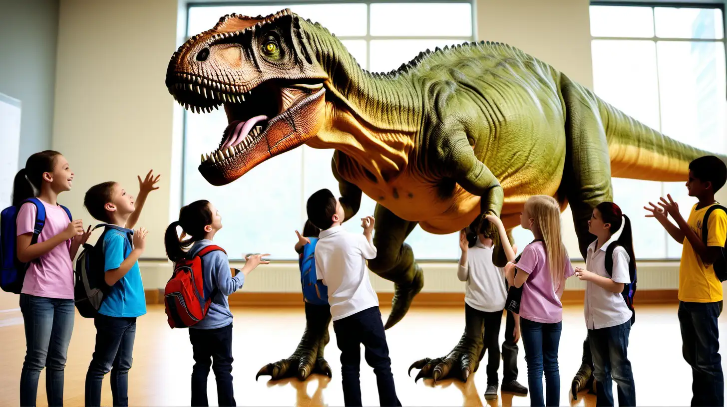 Playful Kids Interacting with a T Rex Dinosaur