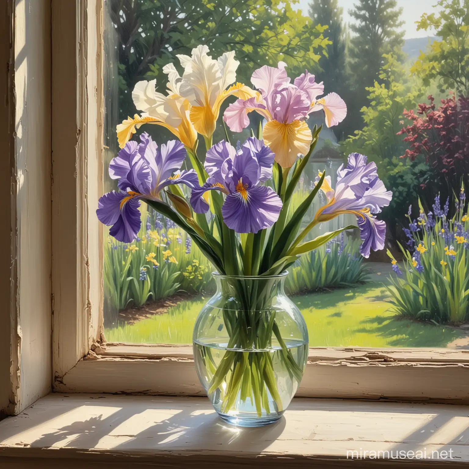 An oil painting of A beautiful iris flowers glass vase next to a sunny vintage window. The window looks to a beautiful garden 